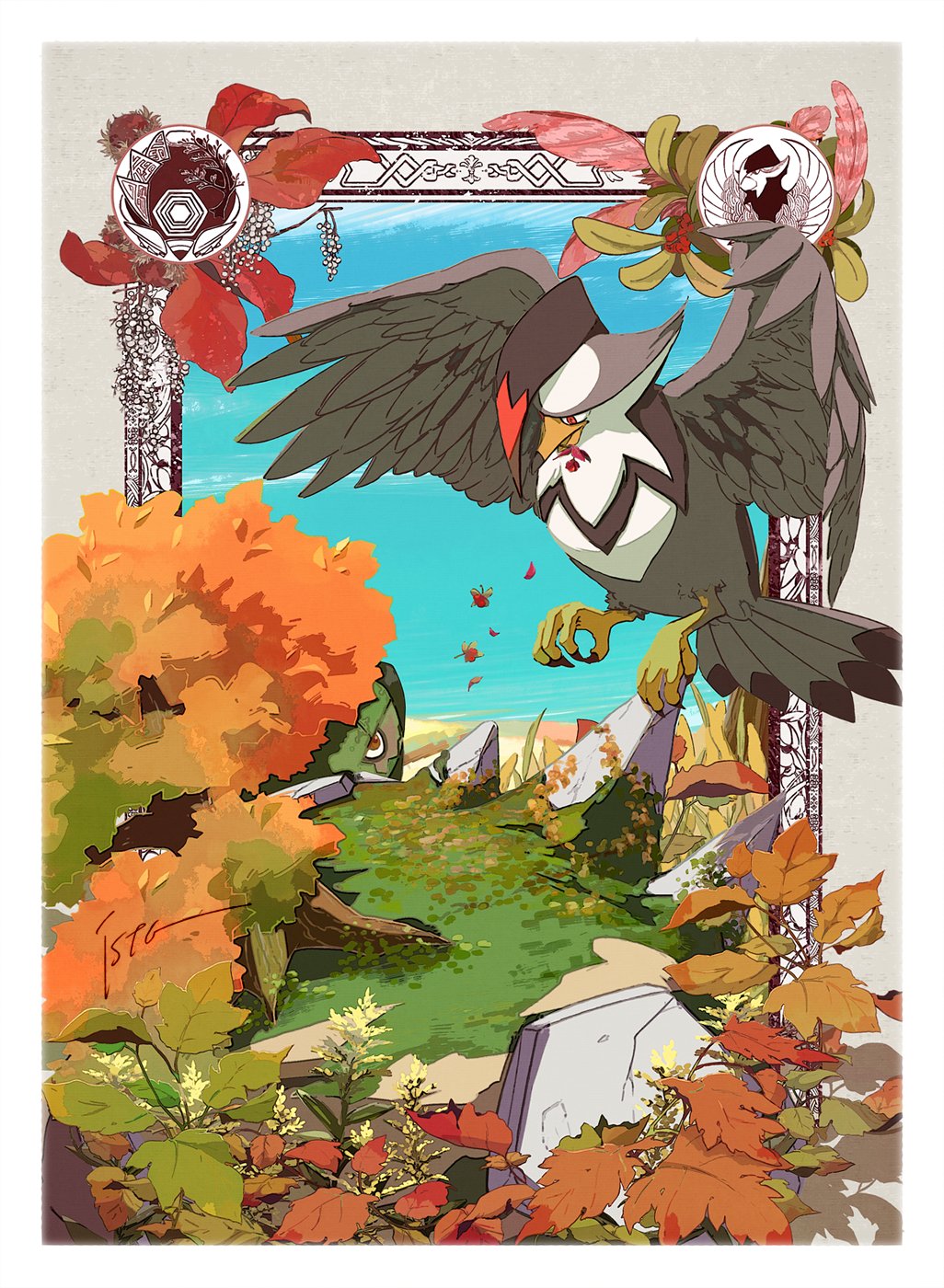 autumn_leaves beak bird bird_tail blue_sky border brown_feathers commentary feathers floating grey_background highres horizon inset_border isutai leaf ornate_border outdoors pokemon pokemon_(creature) red_eyes rock sky staraptor symbol-only_commentary tail talons torterra tree white_border wings