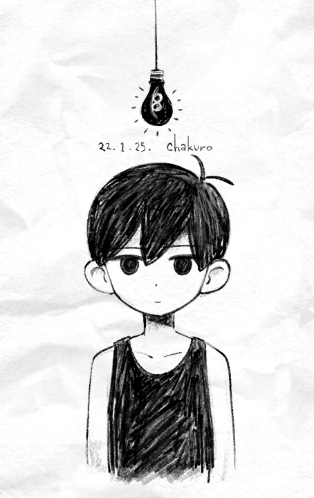 1boy cha_kuro_(limo) closed_mouth collarbone cropped_torso dated dot_nose expressionless greyscale hanging_light looking_at_viewer male_focus monochrome omori omori_(omori) paper_texture short_hair signature solid_eyes solo straight-on tank_top