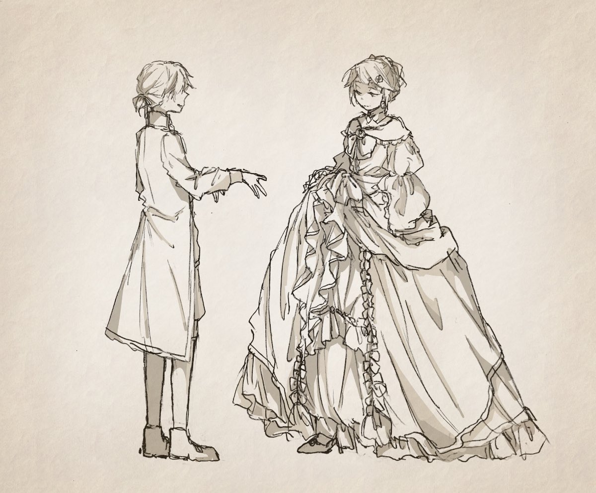 1boy 1girl aku_no_meshitsukai_(vocaloid) aku_no_musume_(vocaloid) allen_avadonia bow brother_and_sister choker collared_coat collared_jacket dancing detached_collar dress dress_bow dress_ribbon earrings evillious_nendaiki frilled_dress frilled_sleeves frills gherea greyscale hair_bow hair_ornament hairclip half-closed_eyes high_collar high_heels high_ponytail jacket jewelry kagamine_len kagamine_rin monochrome off-shoulder_dress off_shoulder outstretched_arm petticoat puffy_sleeves riliane_lucifen_d'autriche sepia shoes short_ponytail siblings skirt_hold smile swept_bangs twins updo vocaloid wide_sleeves