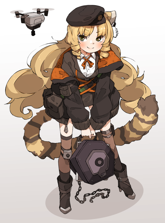 1girl amonitto animal_ears arknights black_coat black_footwear black_headwear black_jacket black_skirt blonde_hair blush boots bow bowtie brown_thighhighs chain closed_mouth coat collared_shirt drone full_body gradient_background hat high_heel_boots high_heels holding holding_chain jacket leaning_forward long_hair long_sleeves looking_at_viewer miniskirt off_shoulder pouch shirt skirt smile solo split_mouth standing swire_(arknights) tail thigh-highs very_long_hair white_shirt
