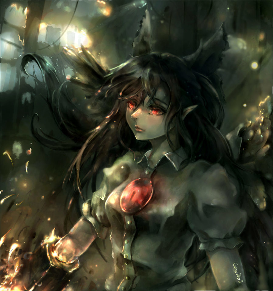1girl arm_cannon bad_source black_hair bow closed_mouth commentary english_commentary gewitter8 hair_bow long_hair looking_at_viewer pointy_ears realistic red_eyes reiuji_utsuho short_sleeves solo third_eye touhou upper_body weapon