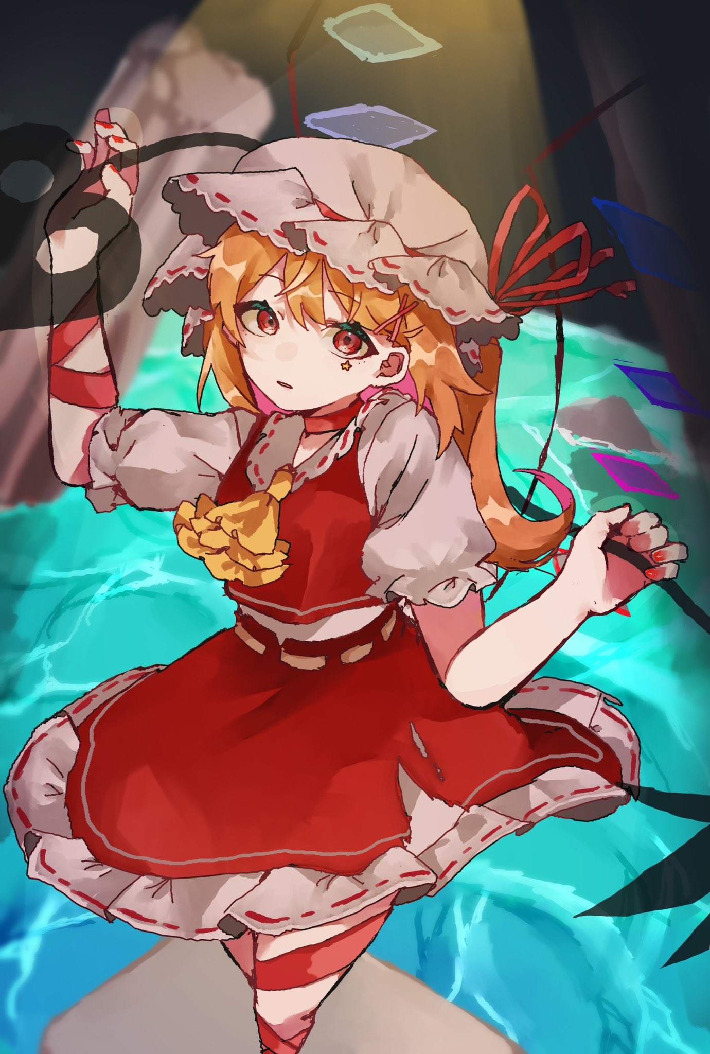1girl ascot bat_wings black_eyeliner blonde_hair bow crystal expressionless eyelashes eyeliner flandre_scarlet frilled_ascot frilled_hat frills hat hat_ribbon highres laevatein_(touhou) looking_at_viewer makeup mob_cap multicolored_wings nail_polish one_side_up open_clothes puffy_short_sleeves puffy_sleeves red_eyes red_nails red_skirt red_vest ribbon rokka937 shirt short_hair short_sleeves side_ponytail sidelocks skirt skirt_set solo star_(symbol) striped striped_thighhighs thigh-highs touhou vest white_headwear wings yellow_ascot