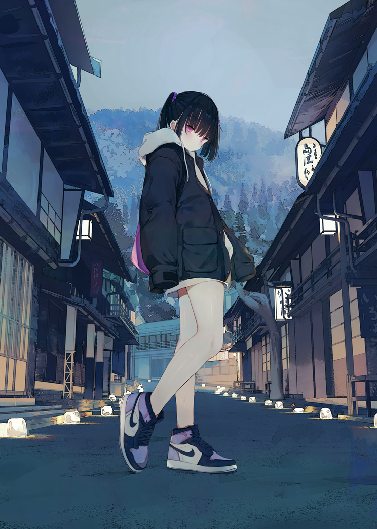 1girl architecture bare_legs_girl_(kamizaki_hibana) black_hair black_jacket closed_mouth commentary_request east_asian_architecture full_body grey_sky hood hood_down hoodie jacket kamizaki_hibana looking_at_viewer multicolored_footwear nike original outdoors purple_footwear sky sleeves_past_fingers sleeves_past_wrists solo standing thighs tree twintails violet_eyes white_footwear white_hoodie