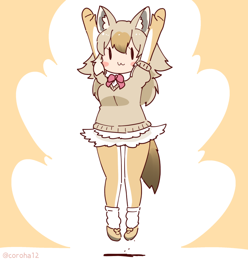 1girl african_golden_wolf_(kemono_friends) animal_ears arms_up bow bowtie brown_background cardigan coroha elbow_gloves extra_ears full_body gloves grey_hair jumping kemono_friends kemono_friends_3 long_hair looking_at_viewer pantyhose shoes simple_background skirt socks solo tail wolf_ears wolf_girl wolf_tail