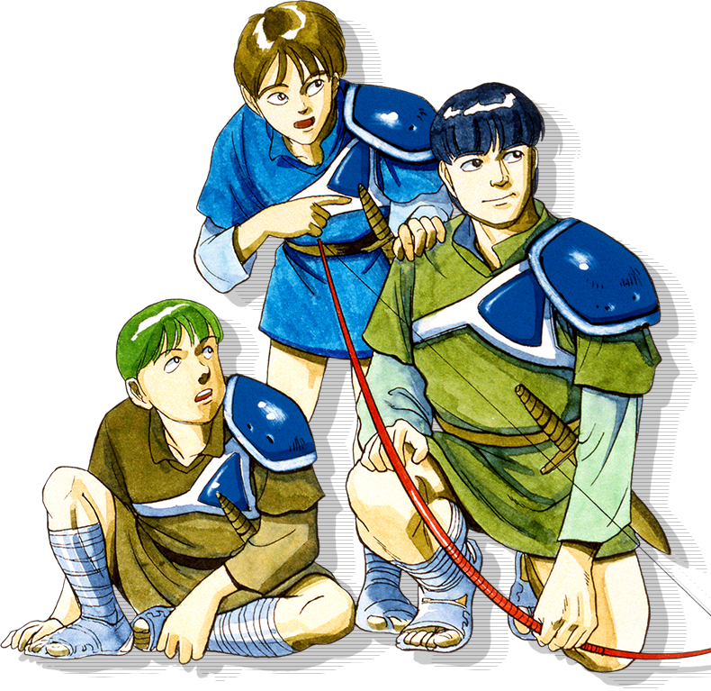3boys armor artist_request blue_hair blue_shirt breastplate brown_hair brown_shirt fire_emblem fire_emblem_gaiden gray_(fire_emblem) green_hair green_shirt holding holding_weapon kliff_(fire_emblem) looking_to_the_side multiple_boys official_art on_one_knee open_mouth pauldrons pointing shadow shirt shoulder_armor single_pauldron sitting standing tobin_(fire_emblem) weapon