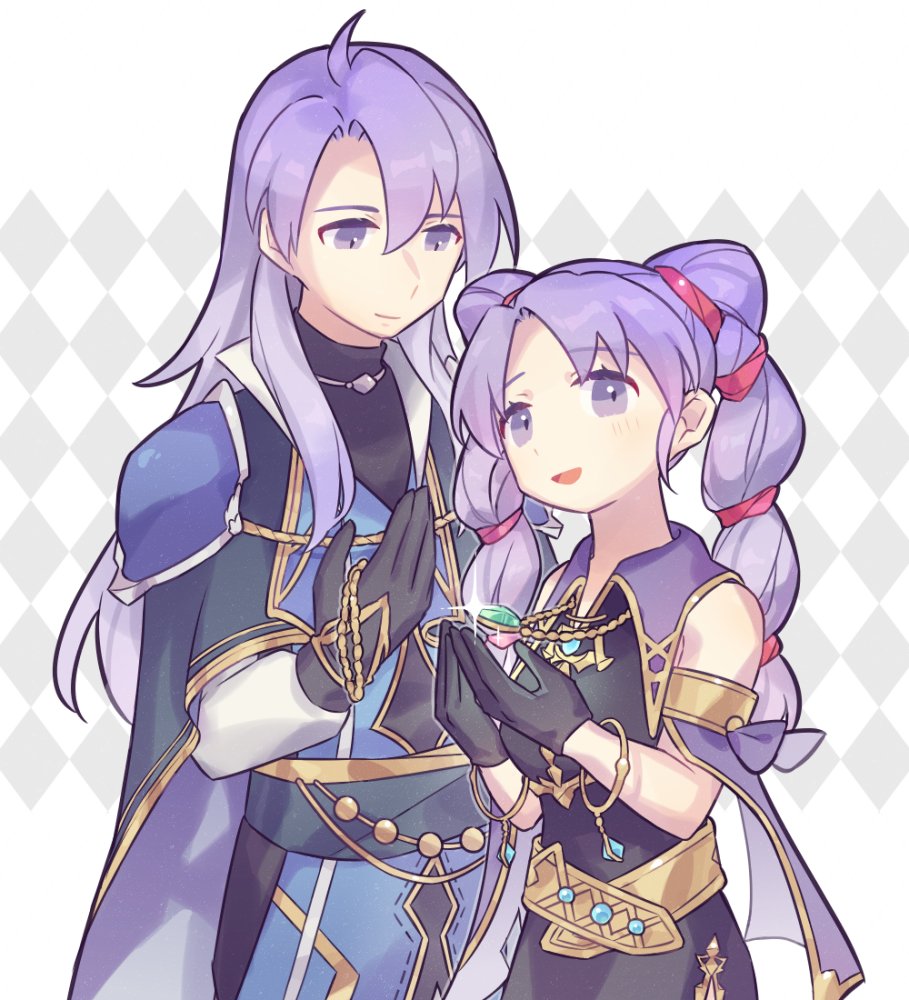 1boy 1girl argyle argyle_background armor arthur_(fire_emblem:_genealogy_of_the_holy_war) black_cape black_dress black_gloves brother_and_sister cape closed_mouth commentary_request dress eyelashes fire_emblem fire_emblem:_genealogy_of_the_holy_war glint gloves gold_trim grey_background haconeri hair_intakes long_hair multi-tied_hair open_mouth purple_cape purple_hair shoulder_armor siblings simple_background tine_(fire_emblem) twintails two-tone_background violet_eyes white_background