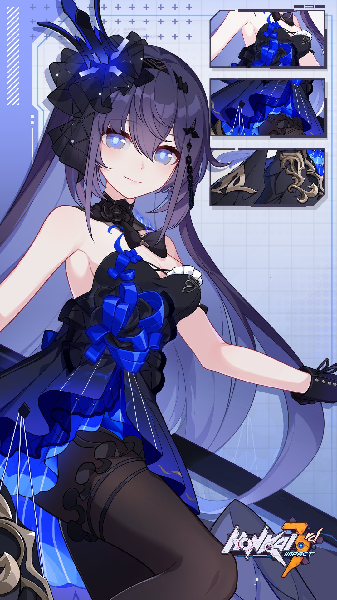 1girl bare_shoulders black_dress black_headwear black_leggings blue_dress breasts closed_mouth colored_inner_hair dress english_commentary hair_between_eyes highres holding holding_scythe holding_weapon honkai_(series) honkai_impact_3rd leggings logo long_hair makeup multicolored_hair official_alternate_costume official_art official_wallpaper pantyhose scythe seele_vollerei seele_vollerei_(herrscher_of_rebirth) sideboob sleeveless small_breasts smile solo upper_body weapon