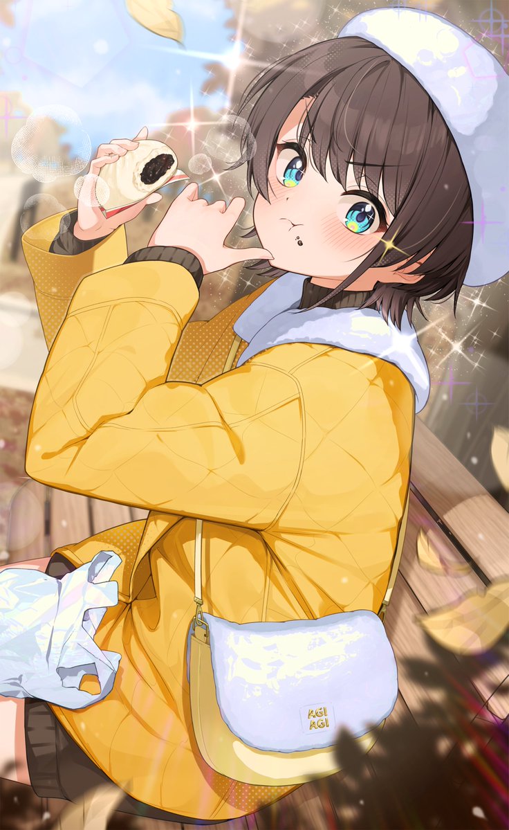 aqua_eyes bag bench blurry blurry_background blush brown_hair brown_sweater choppy_bangs coat commentary_request cropped_legs eating falling_leaves food food_on_face frown hat holding holding_food hololive leaf looking_at_viewer narita_tamezou oozora_subaru park park_bench plastic_bag short_hair shoulder_bag sidelocks sitting sparkle sweater swept_bangs tree white_bag white_headwear wooden_bench yellow_coat