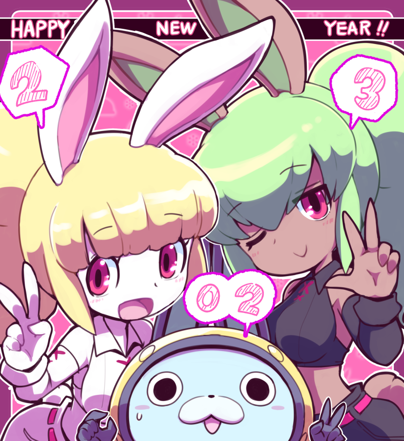 2023 2girls animal_ears blonde_hair breasts bunny_mint chinese_zodiac english_text green_hair happy_new_year high_ponytail long_hair looking_at_viewer midriff multiple_girls new_year nollety one_eye_closed open_mouth pink_eyes rabbit_ears rabbit_tail smile snowrabby tail usapyon v year_of_the_rabbit youkai_(youkai_watch) youkai_watch