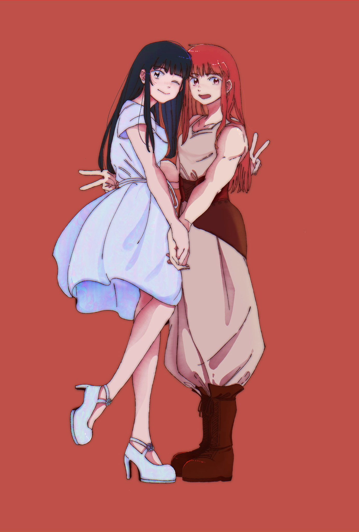 2girls baggy_pants black_hair blue_dress boots breasts brown_eyes commentary_request dress grey_tank_top high_heels highres holding_hands konjiki_no_gash!! konjiki_no_gash!!_2 medium_breasts medium_dress multiple_girls muscular muscular_female nenee37 one_eye_closed open_mouth oumi_megumi pants red_eyes redhead small_breasts smile standing standing_on_one_leg tank_top tio_(konjiki_no_gash!!) v