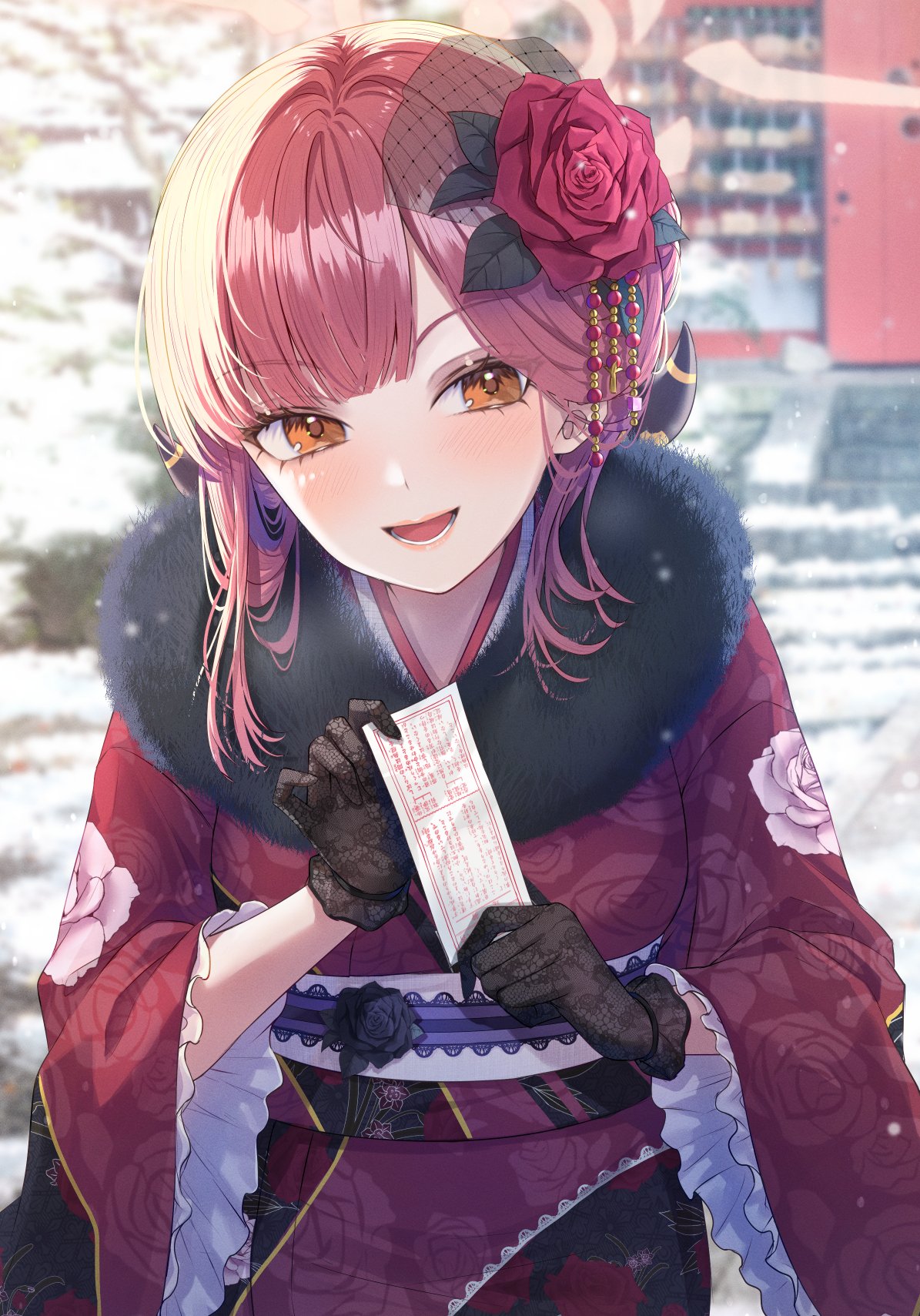 1girl aru_(blue_archive) aru_(new_year)_(blue_archive) black_gloves black_horns blue_archive blush brown_kimono day demon_horns flower frilled_sleeves frills fur-trimmed_kimono fur_trim gloves hair_flower hair_ornament halo highres holding horns japanese_clothes kimono long_hair long_sleeves looking_at_viewer obi official_alternate_costume omikuji open_mouth outdoors pink_hair pink_halo primamiya red_flower sash smile solo wide_sleeves yellow_eyes