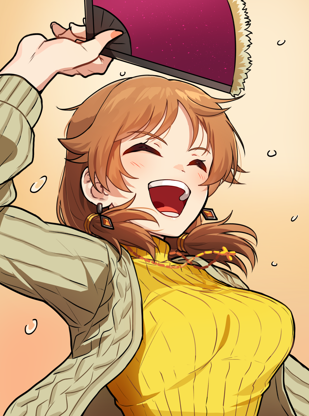 1girl :d arm_up breasts brown_cardigan brown_hair cardigan closed_eyes commentary earrings folding_fan hand_fan highres holding holding_fan idolmaster idolmaster_cinderella_girls jewelry kamille_(vcx68) katagiri_sanae long_hair low_twintails medium_hair necklace open_cardigan open_clothes open_mouth revision ribbed_sweater smile solo sweat sweater turtleneck turtleneck_sweater twintails upper_body