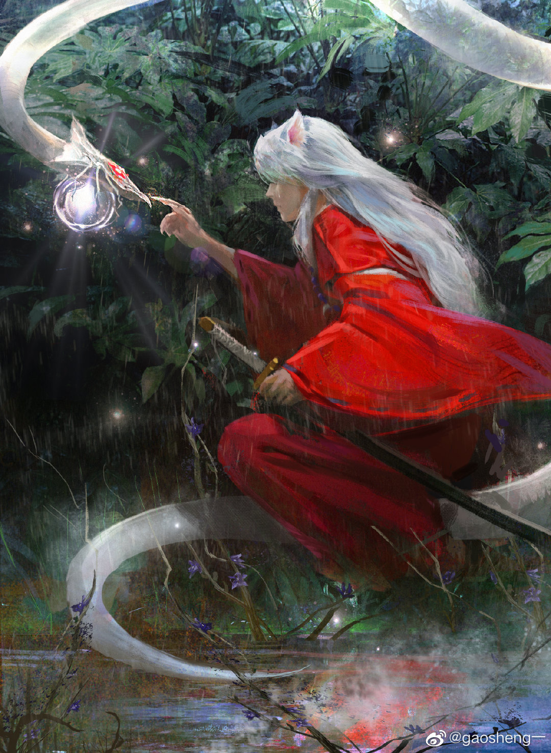 1boy animal_ears chinese_commentary commentary_request crying detached_sleeves dog_ears dragon eastern_dragon from_side full_body gao_sheng hair_over_shoulder highres holding holding_sword holding_weapon inuyasha inuyasha_(character) japanese_clothes kimono lake layered_sleeves leaf long_hair long_sleeves male_focus outdoors outstretched_hand parted_lips plant rain realistic red_kimono red_sleeves reflection reflective_water sheath sheathed solo squatting sword very_long_hair weapon white_hair wide_sleeves