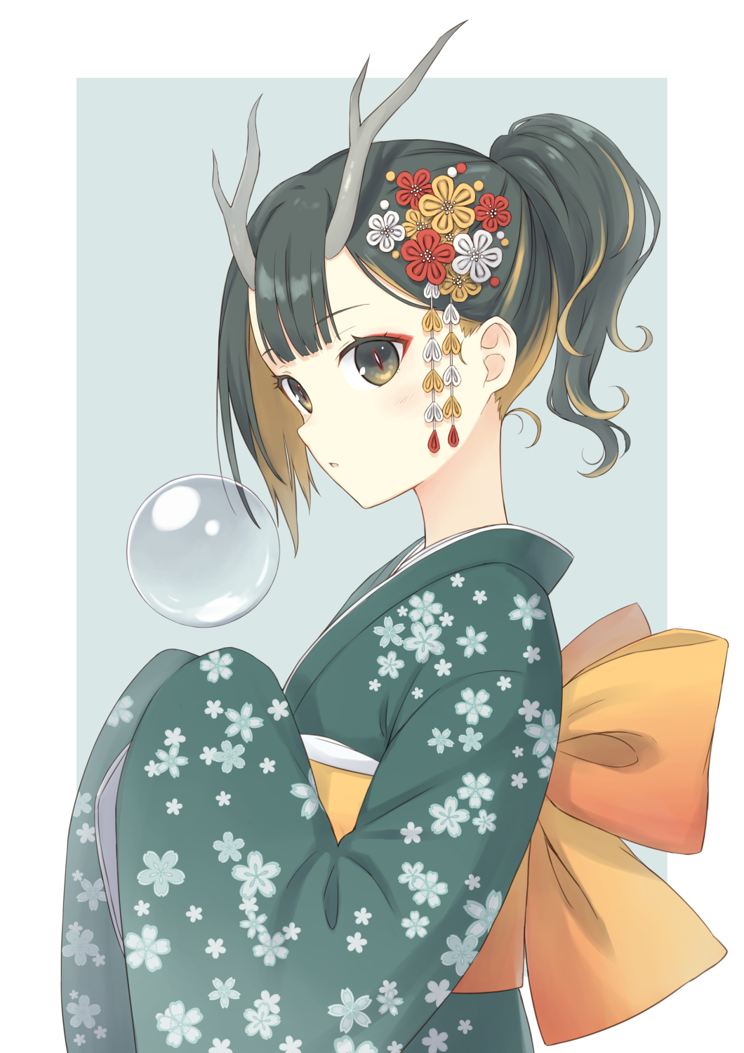 104 1girl antlers bow floral_print flower from_side green_eyes green_hair green_kimono hair_flower hair_ornament highres hydrokinesis japanese_clothes kimono original parted_lips ponytail short_ponytail slit_pupils upper_body water