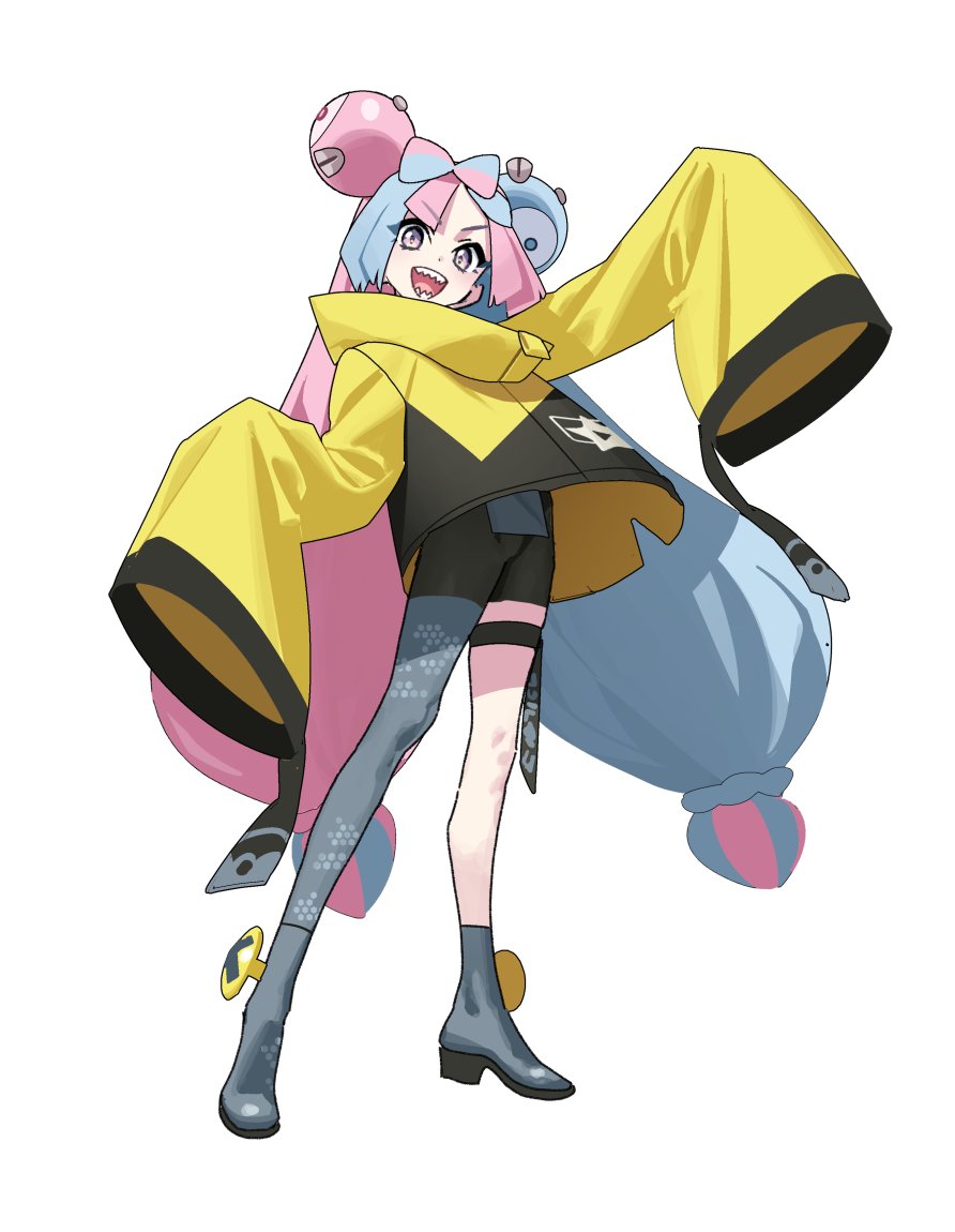 1girl arm_up asymmetrical_bangs bike_shorts black_jacket black_shorts blue_hair boots bow-shaped_hair character_hair_ornament full_body grey_footwear grey_pantyhose hair_ornament iono_(pokemon) jacket light_blue_hair long_hair looking_at_viewer multicolored_clothes multicolored_hair multicolored_jacket mx2j open_mouth pantyhose pink_eyes pink_hair pokemon pokemon_sv sharp_teeth shorts simple_background single_leg_pantyhose sleeves_past_fingers sleeves_past_wrists smile solo standing teeth thigh_strap thighs twintails two-tone_hair two-tone_jacket v-shaped_eyebrows very_long_sleeves white_background yellow_jacket