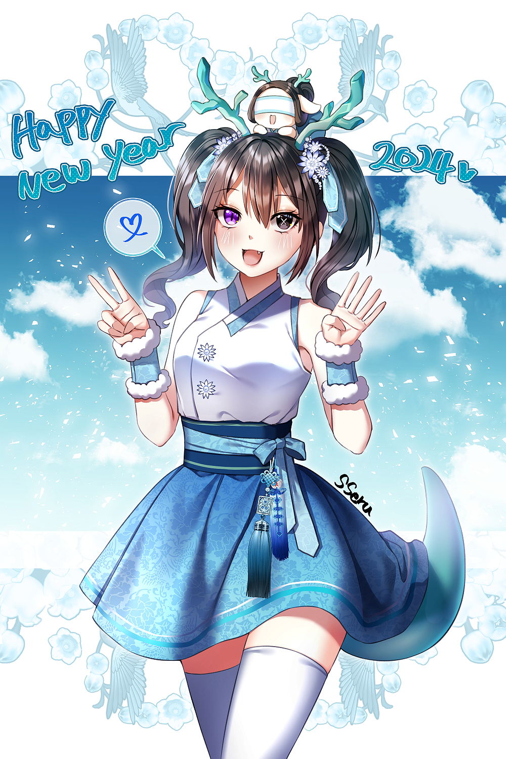 1girl 2024 :d antlers bare_shoulders black_eyes black_hair blindfold blue_skirt blush breasts chibi chibi_on_head chinese_zodiac clouds commentary_request dragon_tail finger_counting follower_(identity_v) hair_between_eyes hands_up happy_new_year heart heterochromia highres identity_v on_head skirt small_breasts smile solo_focus spoken_heart standing tail tempy_(rinsia) thigh-highs twintails violet_eyes white_thighhighs year_of_the_dragon