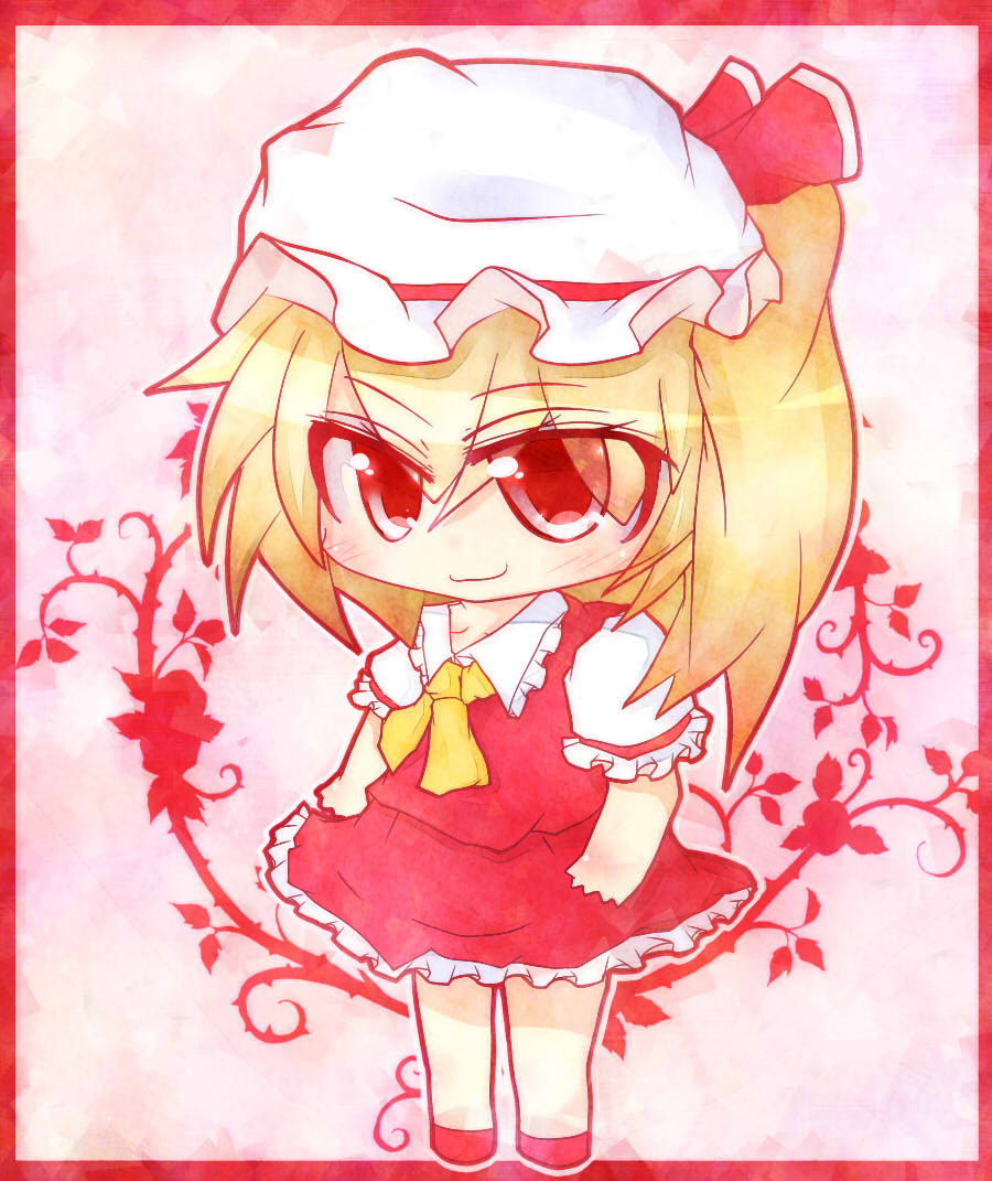 1girl blonde_hair border chibi closed_mouth collared_shirt flandre_scarlet floral_background frilled_shirt_collar frilled_skirt frilled_sleeves frills full_body guritoo_(runemagurito) hat hat_ribbon light_smile looking_at_viewer medium_hair mob_cap neckerchief one_side_up pink_background puffy_short_sleeves puffy_sleeves red_border red_eyes red_ribbon red_skirt red_vest ribbon rose_background shirt short_sleeves skirt sleeve_ribbon solo standing touhou vest white_headwear white_shirt yellow_neckerchief