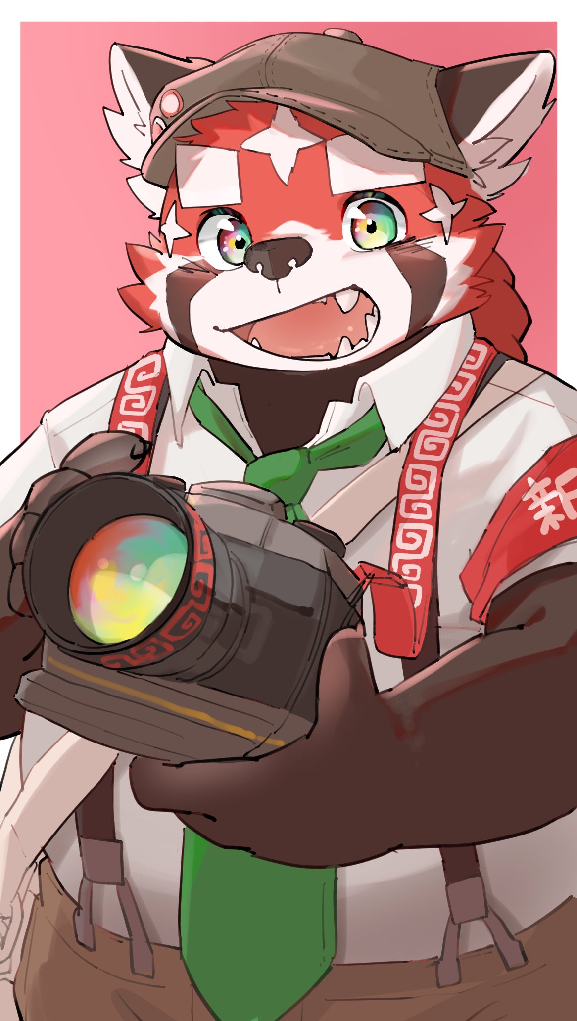 1boy border camera fangs fangs_out furry furry_male green_necktie highres holding holding_camera huge_eyebrows male_focus multicolored_eyes multicolored_fur necktie outside_border pink_background rainbow_eyes red_fur red_panda_boy red_panda_ears solo tokyo_afterschool_summoners white_border white_fur zhurong_(housamo)