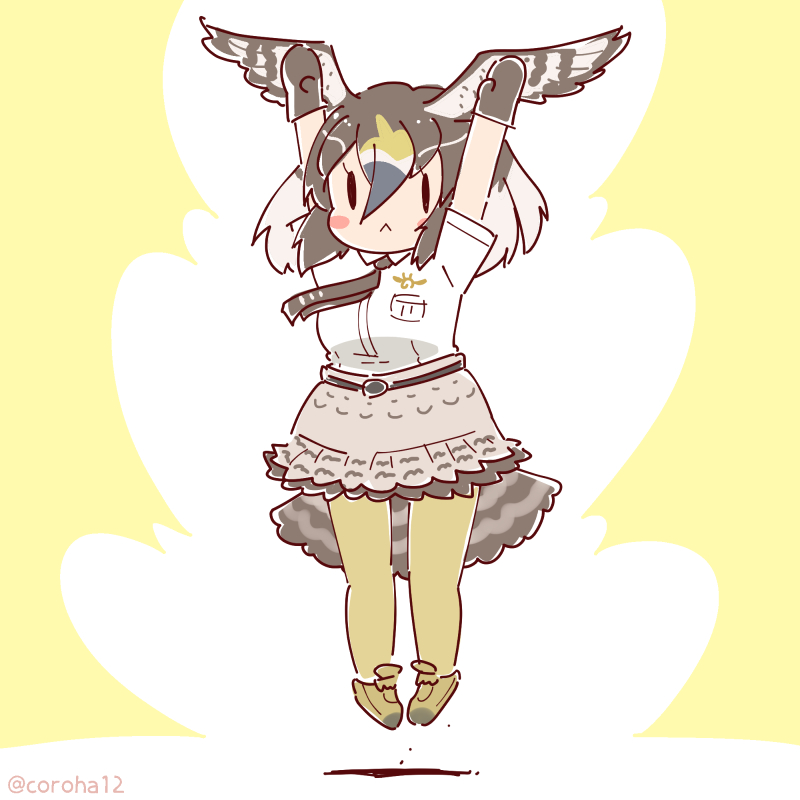 1girl arms_up belt bird_girl bird_tail bird_wings brown_hair coroha feathered_wings full_body gloves head_wings jumping kemono_friends kemono_friends_3 looking_at_viewer necktie pantyhose peregrine_falcon_(kemono_friends) shirt shoes short_hair simple_background skirt solo tail wings yellow_background