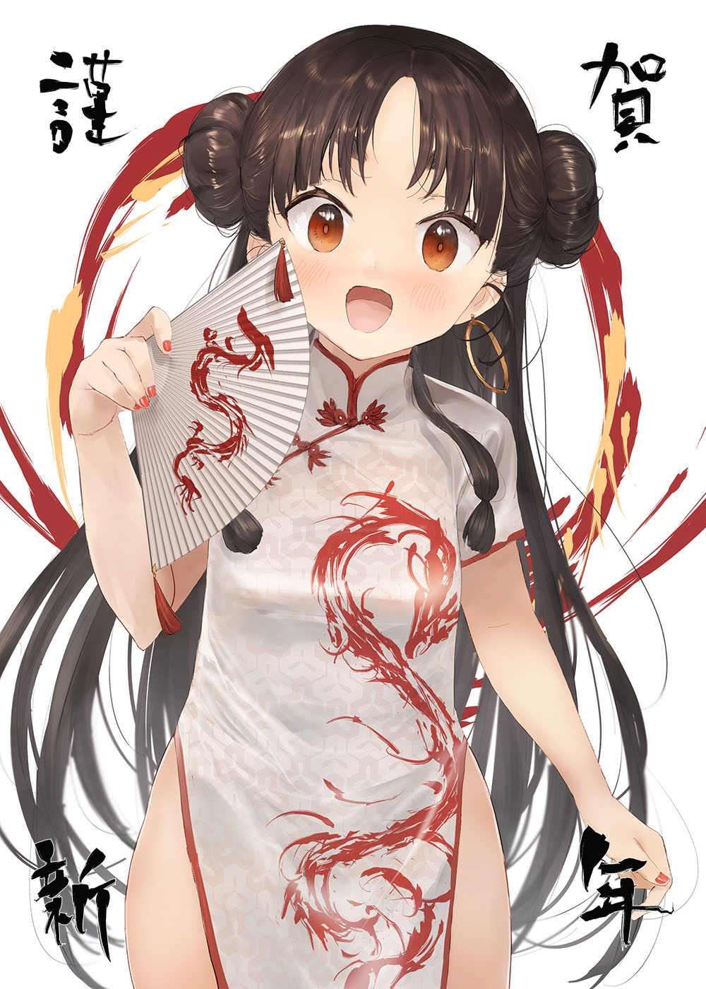 1girl alternate_hairstyle black_hair breasts brown_eyes china_dress chinese_clothes double_bun dress earrings folding_fan hair_bun hand_fan highres holding holding_fan hoop_earrings jewelry kantai_collection long_hair looking_at_viewer nisshin_(kancolle) official_alternate_costume open_mouth red_nails short_eyebrows short_sleeves small_breasts solo standing thick_eyebrows toka_(marchlizard) very_long_hair white_dress
