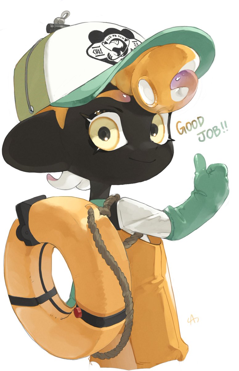 1boy a_a2001214 baseball_cap closed_mouth commentary_request dark-skinned_male dark_skin english_text gloves green_gloves hat highres lifebuoy looking_back octoling octoling_boy orange_hair print_headwear rubber_gloves salmon_run_(splatoon) short_hair simple_background smile solo splatoon_(series) splatoon_3 standing swim_ring tentacle_hair thumbs_up very_dark_skin white_background yellow_eyes