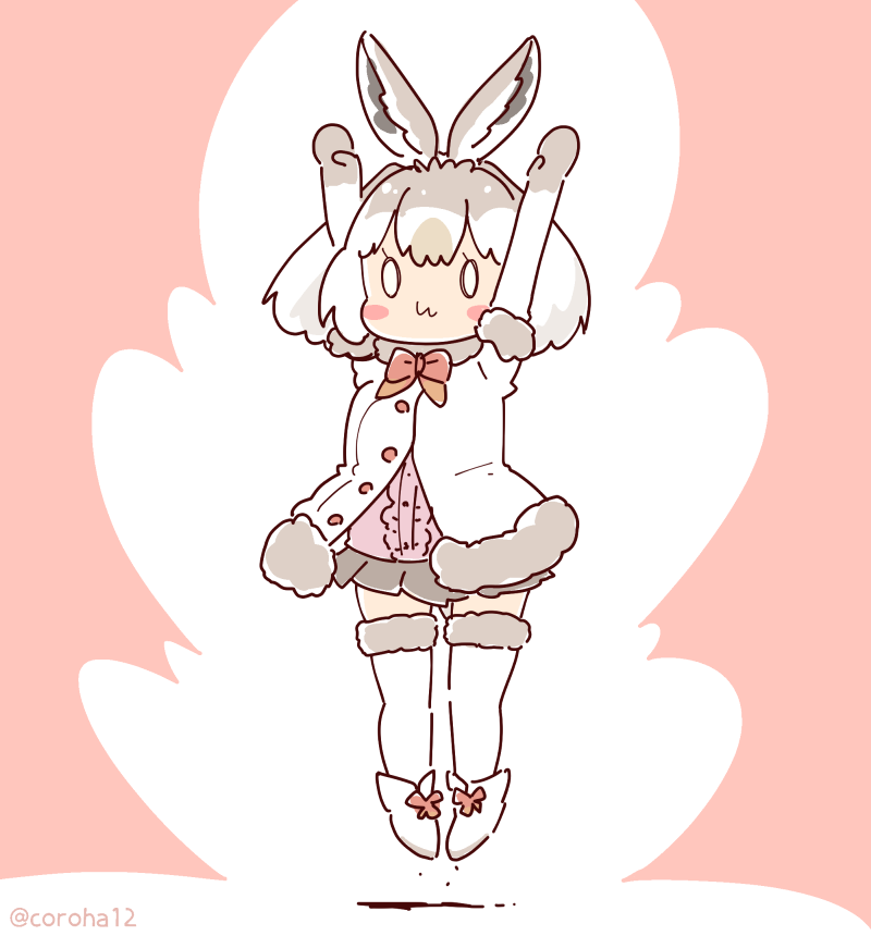1girl animal_ears arms_up bow bowtie coroha elbow_gloves extra_ears full_body gloves grey_hair jacket jumping kemono_friends kemono_friends_3 looking_at_viewer mountain_hare_(kemono_friends) pink_background rabbit_ears rabbit_girl shirt shoes short_hair simple_background skirt solo thigh-highs