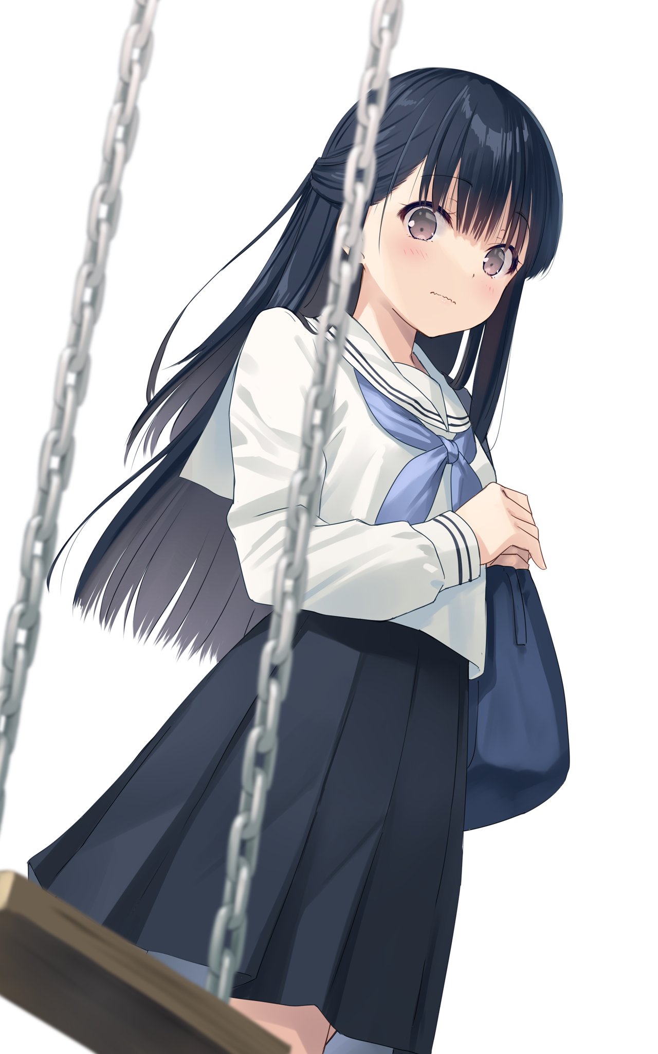 1girl bag black_hair black_skirt blue_bag blue_neckerchief blush brown_eyes closed_mouth commentary_request cowboy_shot dutch_angle half_updo hands_up highres long_hair long_sleeves looking_at_viewer na-ga neckerchief original pleated_skirt sailor_collar school_uniform serafuku shirt shoulder_bag simple_background skirt solo standing straight_hair swing wavy_mouth white_background white_sailor_collar white_shirt