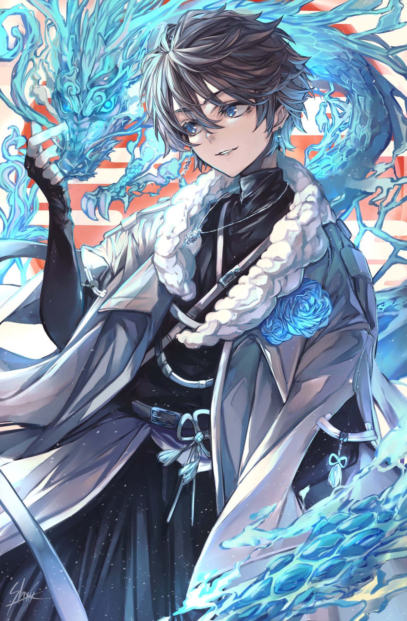1boy bishounen black_gloves black_hair blue_eyes blue_flower character_request chinese_zodiac copyright_request dragon fingerless_gloves flower fur_collar gloves highres jacket jewelry male_focus necklace new_year short_hair smile solo year_of_the_dragon yoru_shiki
