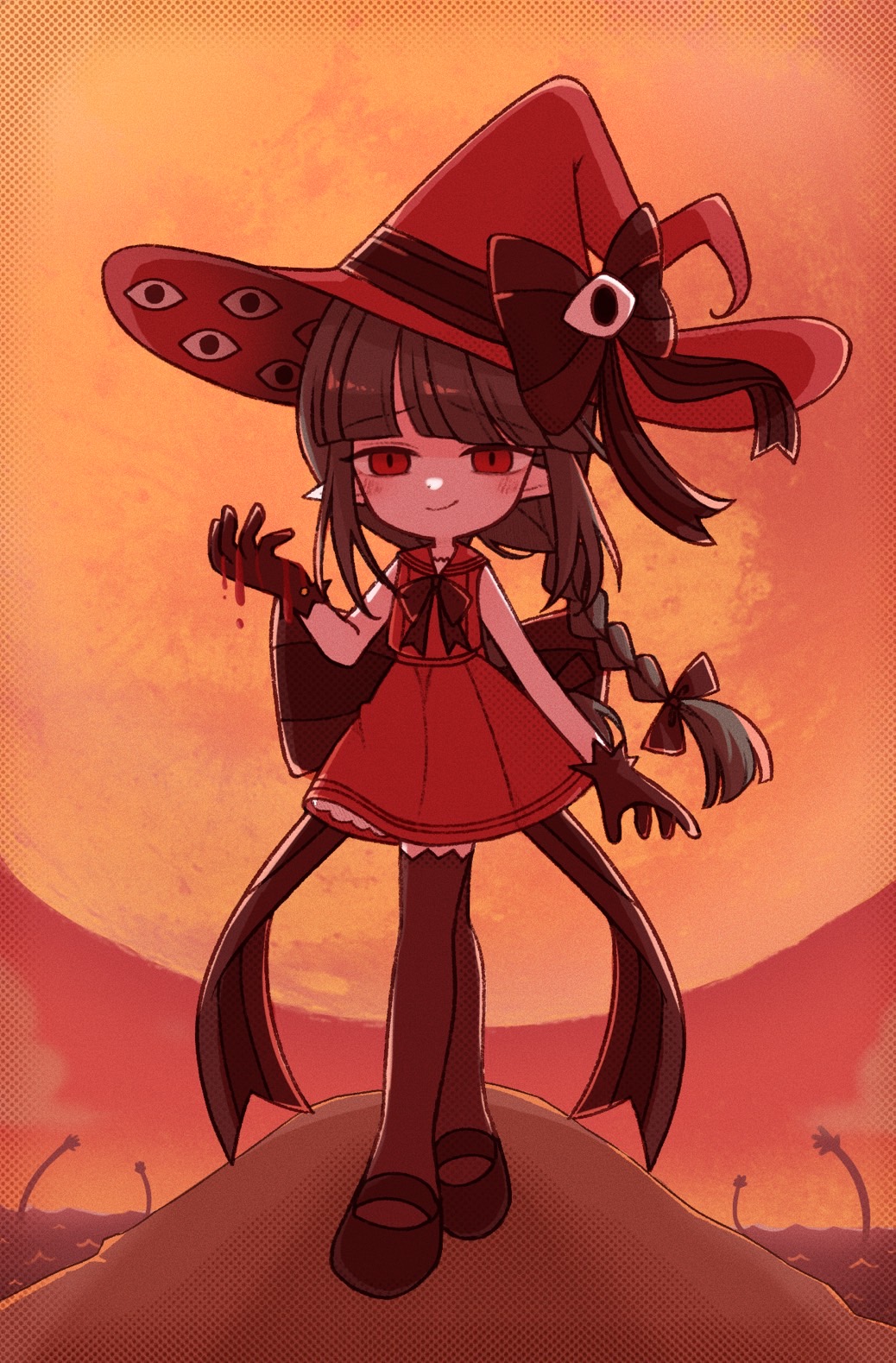 1girl back_bow black_footwear black_gloves black_pantyhose blood blood_on_hands bow braid brown_hair colored_skin dress eye_on_hat funamusea gloves hat highres moon ocean official_alternate_costume oounabara_to_wadanohara pantyhose pointy_ears red_bow red_dress red_eyes red_headwear red_sailor_collar red_theme sailor_collar sandals sleeveless sleeveless_dress solo standing twin_braids wadanohara white_skin whiteaoi030 witch witch_hat