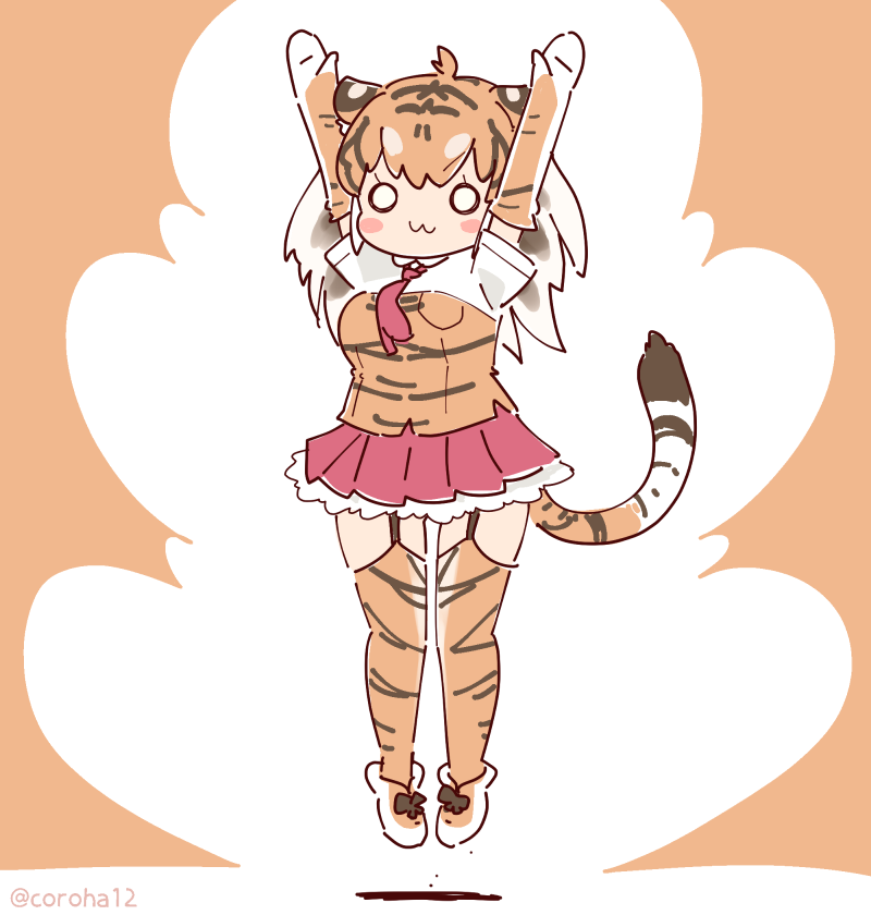 1girl animal_ears animal_print arms_up brown_background brown_hair coroha elbow_gloves extra_ears full_body garter_straps gloves jumping kemono_friends kemono_friends_3 long_hair looking_at_viewer necktie shirt shoes simple_background skirt solo sumatran_tiger_(kemono_friends) tail thigh-highs tiger_ears tiger_girl tiger_print tiger_tail