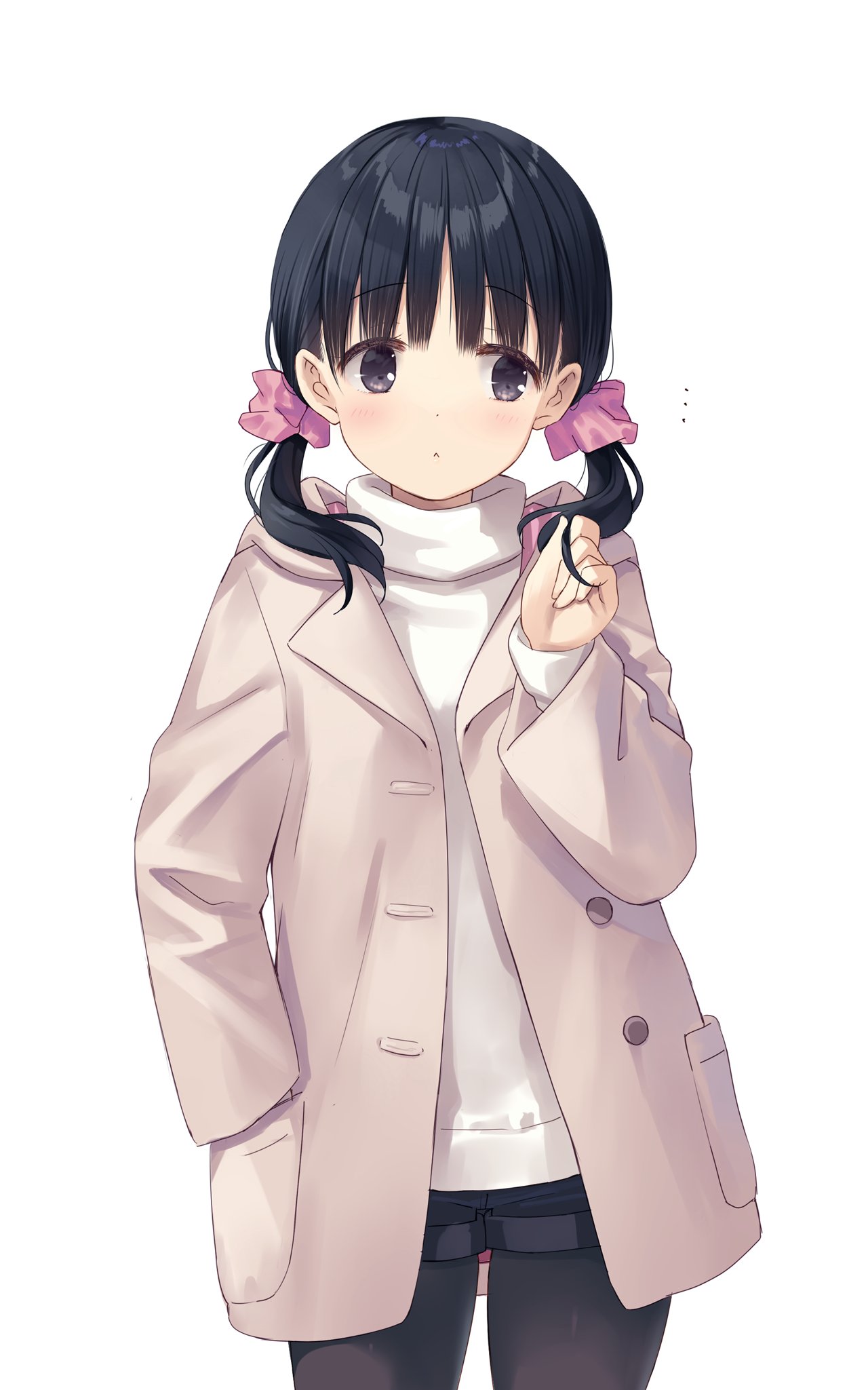 ... 1girl :&lt; black_eyes black_hair black_pantyhose black_shorts brown_coat closed_mouth coat commentary_request cowboy_shot hair_ornament hair_scrunchie hand_in_pocket hand_up highres light_blush looking_to_the_side medium_hair na-ga open_clothes open_coat original pantyhose pink_scrunchie playing_with_own_hair scrunchie short_shorts shorts simple_background solo standing sweater twintails white_background white_sweater