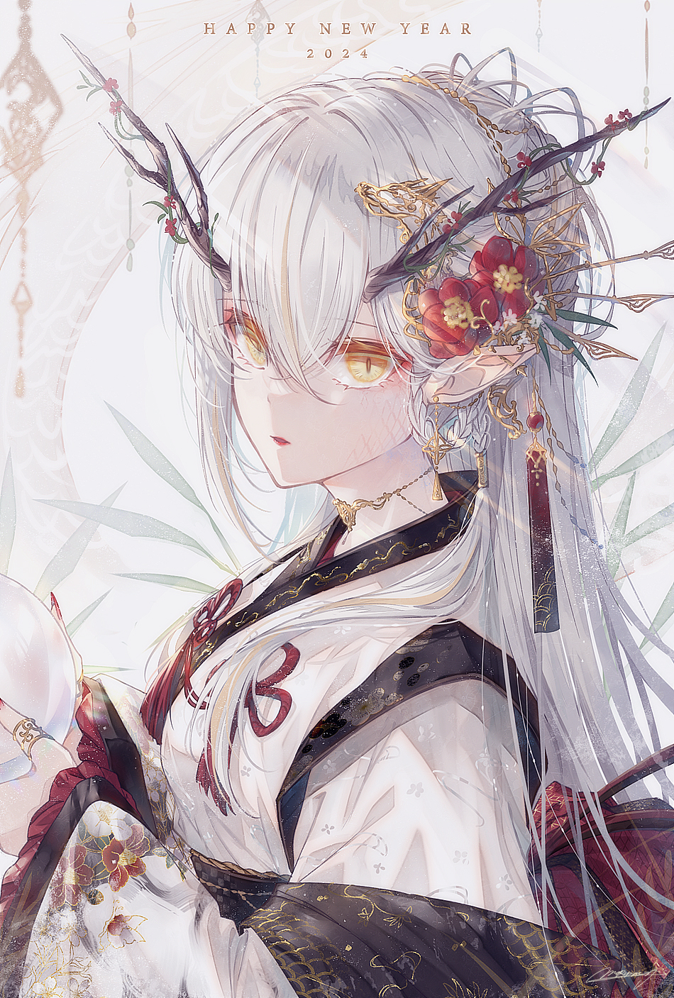 1girl chinese_clothes dragon_girl dragon_horns earrings floral_print flower hair_flower hair_ornament hanfu happy_new_year highres horns japanese_clothes jewelry kimono long_hair looking_at_viewer mokoppe multicolored_hair nengajou new_year open_mouth orange_eyes original pointy_ears print_kimono ring solo streaked_hair very_long_hair white_hair