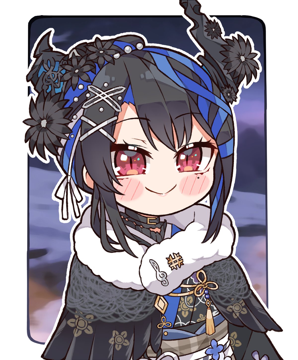 1girl asymmetrical_horns black_hair black_kimono blue_hair blush blush_stickers chibi choker colored_inner_hair demon_horns hair_ornament highres hololive hololive_english horns japanese_clothes kimono kukie-nyan mole mole_under_eye multicolored_hair nerissa_ravencroft nerissa_ravencroft_(new_year) official_alternate_costume official_alternate_hairstyle red_eyes smile solo two-tone_hair uneven_horns upper_body virtual_youtuber