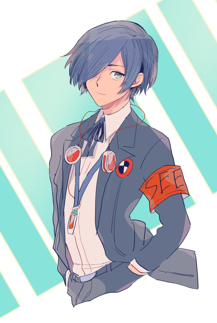 1boy armband blue_hair blue_ribbon closed_mouth collared_shirt commentary_request cropped_legs digital_media_player dress_shirt gekkoukan_high_school_uniform green_eyes hair_over_one_eye hands_in_pockets headphones headphones_around_neck jacket kazushiban long_sleeves looking_at_viewer male_focus neck_ribbon open_clothes open_jacket persona persona_3 red_armband ribbon school_uniform shirt short_hair smile solo white_background white_shirt yuuki_makoto