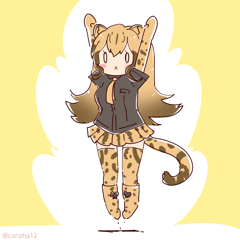 1girl animal_ears arms_up blonde_hair cheetah_ears cheetah_girl cheetah_print cheetah_tail coroha elbow_gloves extra_ears full_body gloves jumping kemono_friends kemono_friends_3 king_cheetah_(kemono_friends) long_hair looking_at_viewer necktie shirt shoes simple_background skirt solo tail thigh-highs yellow_background