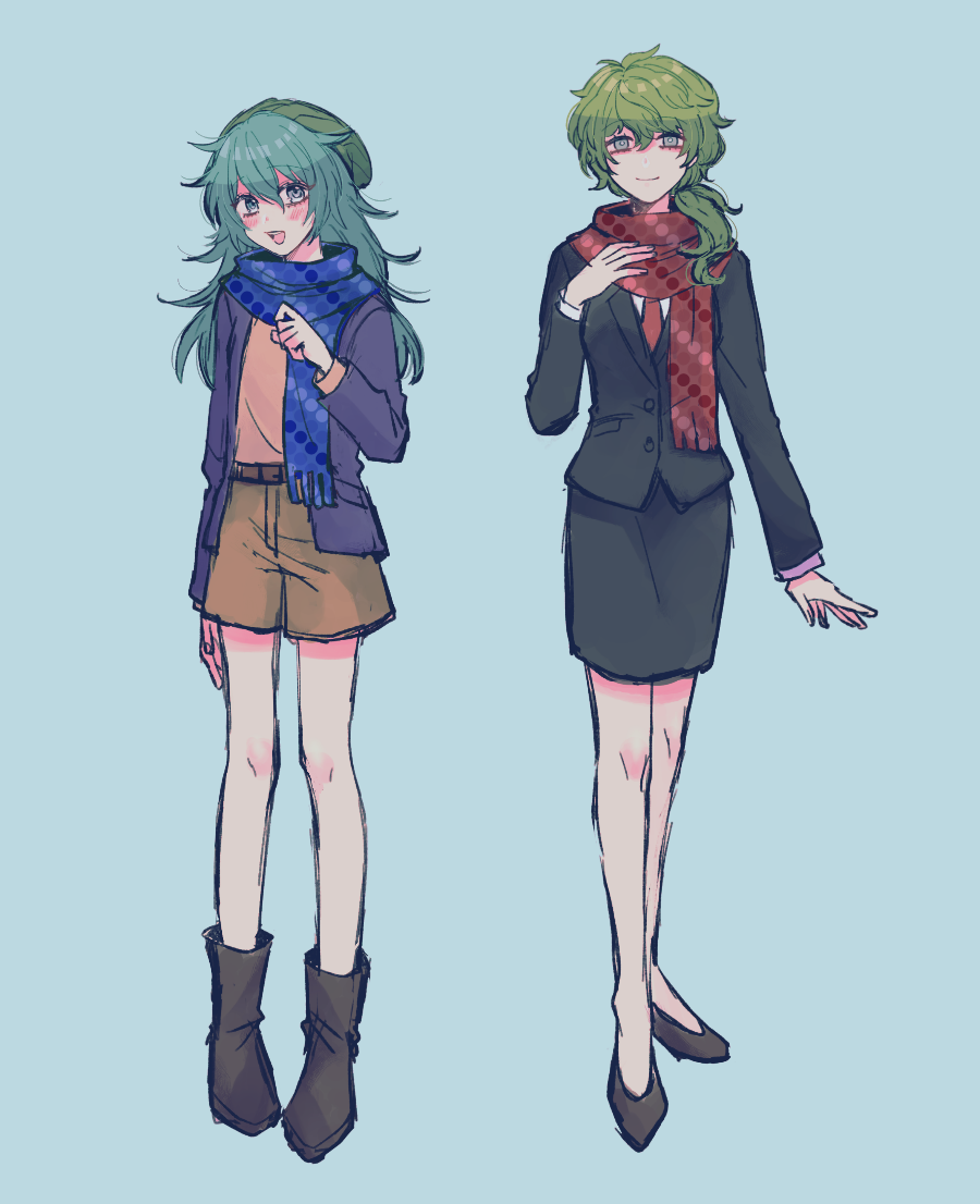 2girls :d ai_shin aqua_eyes aqua_hair arm_at_side beanie belt black_footwear black_jacket black_suit blue_background blue_jacket blush boots brown_belt brown_shorts buttons clenched_hand closed_mouth commentary_request dot_nose full_body genderswap genderswap_(mtf) green_hair green_headwear hair_over_shoulder hand_up hat high_heels hiyori_sou jacket kimi_ga_shine lapels layered_sleeves legs_apart legs_together long_hair long_sleeves low_ponytail medium_hair midori_(kimi_ga_shine) multiple_girls necktie open_clothes open_jacket open_mouth pencil_skirt polka_dot polka_dot_scarf pumps red_necktie red_scarf scarf shirt shorts simple_background skirt skirt_suit smile standing suit suit_jacket uououoon yellow_shirt