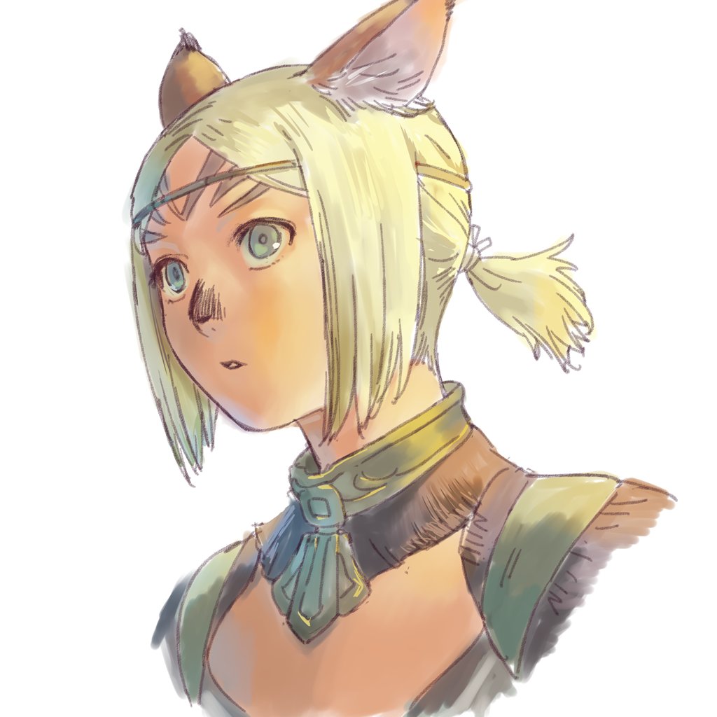 1girl adventurer_(ff11) animal_ear_fluff animal_ears blonde_hair blue_eyes cat_ears cat_girl circlet final_fantasy final_fantasy_xi mithra_(ff11) no_eyebrows parted_bangs parted_lips short_hair simple_background solo white_background yuccoshi