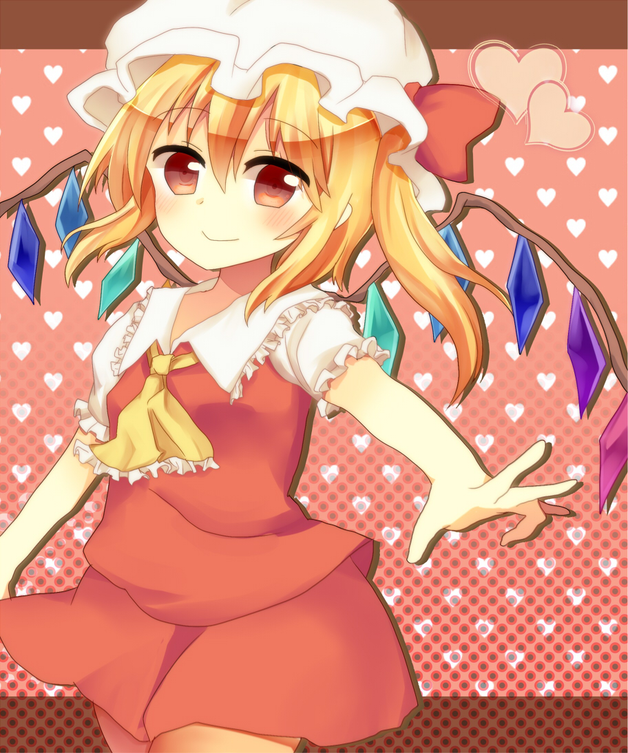 1girl ascot beniponzu blonde_hair blush breasts closed_mouth collared_shirt cowboy_shot flandre_scarlet frilled_ascot frilled_shirt_collar frilled_sleeves frills hair_between_eyes hat head_tilt heart heart_background light_smile looking_at_viewer medium_hair mob_cap multicolored_wings one_side_up puffy_short_sleeves puffy_sleeves red_background red_eyes red_skirt red_vest shirt short_sleeves simple_background skirt skirt_set small_breasts solo touhou vest white_headwear white_shirt wings yellow_ascot