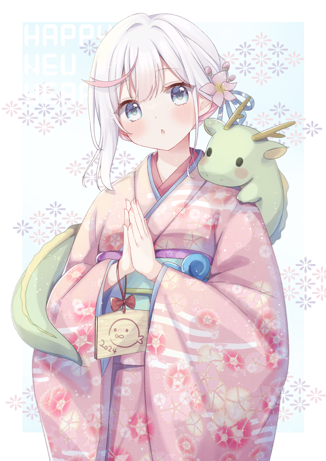 1girl :o blue_background blush border commentary_request cowboy_shot egasumi ema floral_background floral_print floral_print_kimono flower gomano_rio green_eyes hair_flower hair_ornament highres japanese_clothes kimono looking_at_viewer multicolored_hair obi original own_hands_together pink_flower pink_hair pink_kimono sash short_hair simple_background streaked_hair stuffed_animal stuffed_dragon stuffed_toy white_hair