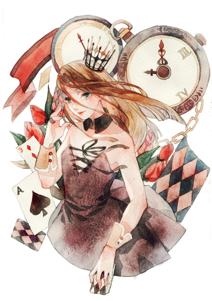 1girl ace_(playing_card) ace_of_spades banner bare_arms between_fingers black_collar black_dress black_headwear black_ribbon blunt_ends brown_hair buttons card collar commentary_request cowboy_shot cross-laced_clothes cross-laced_dress crown detached_collar diamond_(shape) dress flower grey_eyes hair_between_eyes hand_up holding holding_card huangpi_sang jewelry lipstick long_hair makeup mini_crown original painting_(medium) parted_lips playing_card pleated_skirt pocket_watch red_flower red_lips red_tulip ribbon ring short_dress simple_background skirt solo spade_(shape) strapless strapless_dress traditional_media tulip watch watercolor_(medium) white_background white_wrist_cuffs