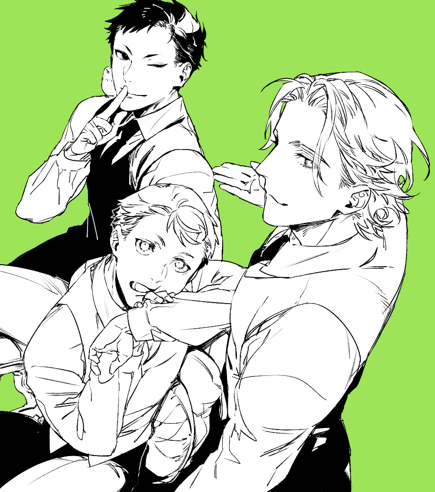 3boys amari_(joker_game) animal animal_on_shoulder bird bird_on_shoulder black_eyes closed_mouth collared_shirt commentary_request eyes_visible_through_hair finger_to_mouth fingernails green_background greyscale_with_colored_background hand_up hands_up joker_game kaminaga_(joker_game) light_smile long_sleeves looking_at_viewer male_focus messy_hair multiple_boys necktie one_eye_closed open_mouth profile shi646 shirt short_hair short_sleeves shushing simple_background tazaki_(joker_game) vest waistcoat