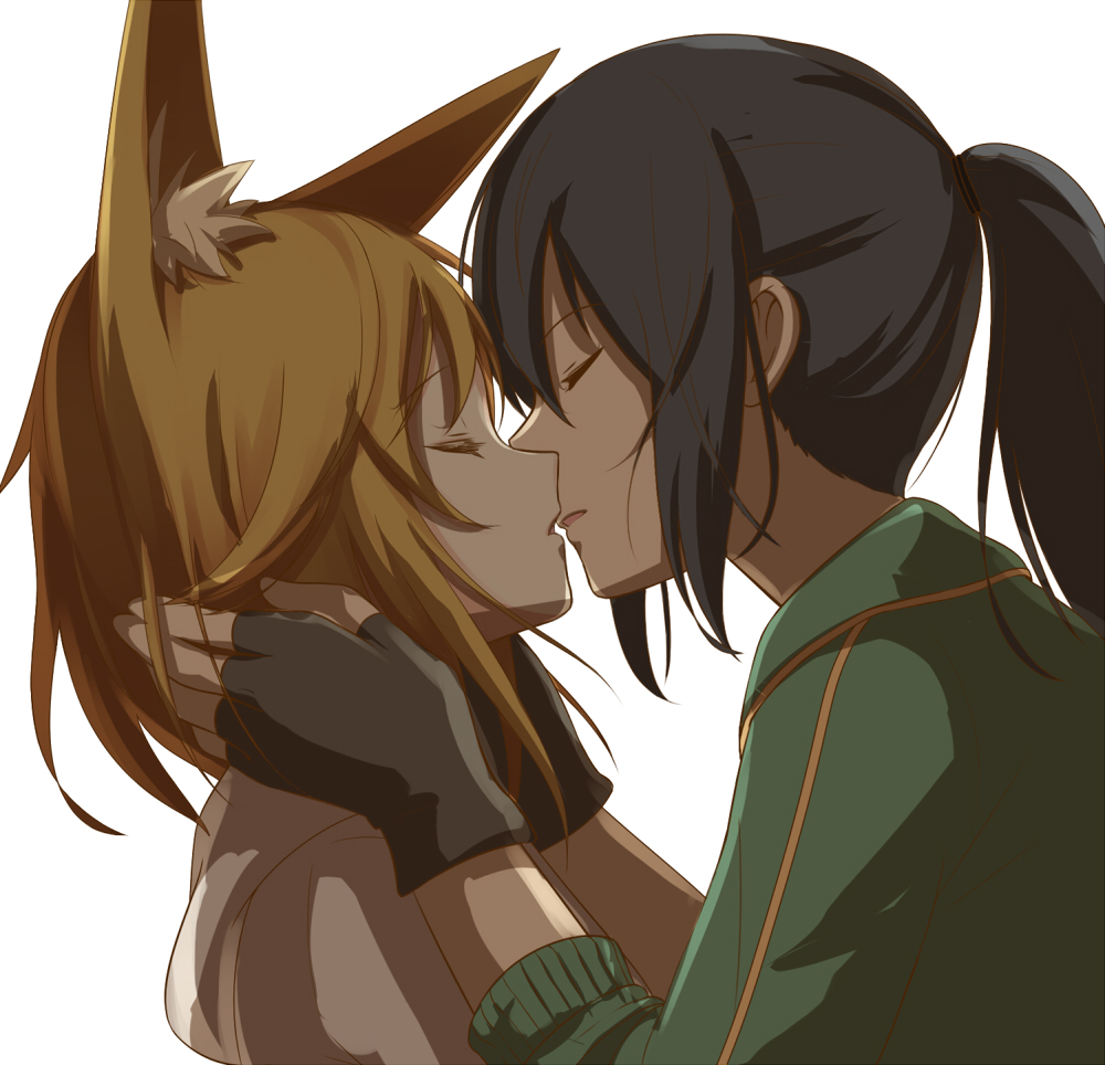 2girls animal_ear_fluff animal_ears black_gloves black_hair blonde_hair character_request closed_eyes collared_jacket commentary_request eyelashes fingerless_gloves fox_ears from_side gloves green_jacket green_sleeves hands_on_another's_neck hood hood_down hoodie jacket jersey kerberos_blade kiss long_hair long_sleeves multiple_girls parted_lips ponytail shiroino_(shirayuki_mutsuki) short_hair simple_background sleeves_past_elbows toono_kuzuha upper_body white_background white_hood white_hoodie yuri