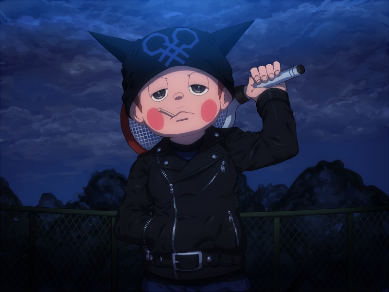 1boy animal_ear_headwear animal_ears beanie belt belt_buckle black_belt black_eyes black_jacket black_sleeves blue_sky blush_stickers brown_hair buckle buttons cat_ears cigarette closed_mouth clouds cloudy_sky collared_jacket commentary_request danganronpa_(series) danganronpa_v3:_killing_harmony fake_animal_ears frown half-closed_eyes hat holding holding_cigarette holding_tennis_racket hoshi_ryoma jacket kogarashi_8 leather leather_jacket long_sleeves looking_at_viewer male_focus mouth_hold night outdoors over_shoulder partial_commentary racket short_hair sky solo straight-on studded_belt tennis_court tennis_net tennis_racket tree upper_body v-shaped_eyebrows very_short_hair weapon weapon_over_shoulder zipper zipper_pull_tab
