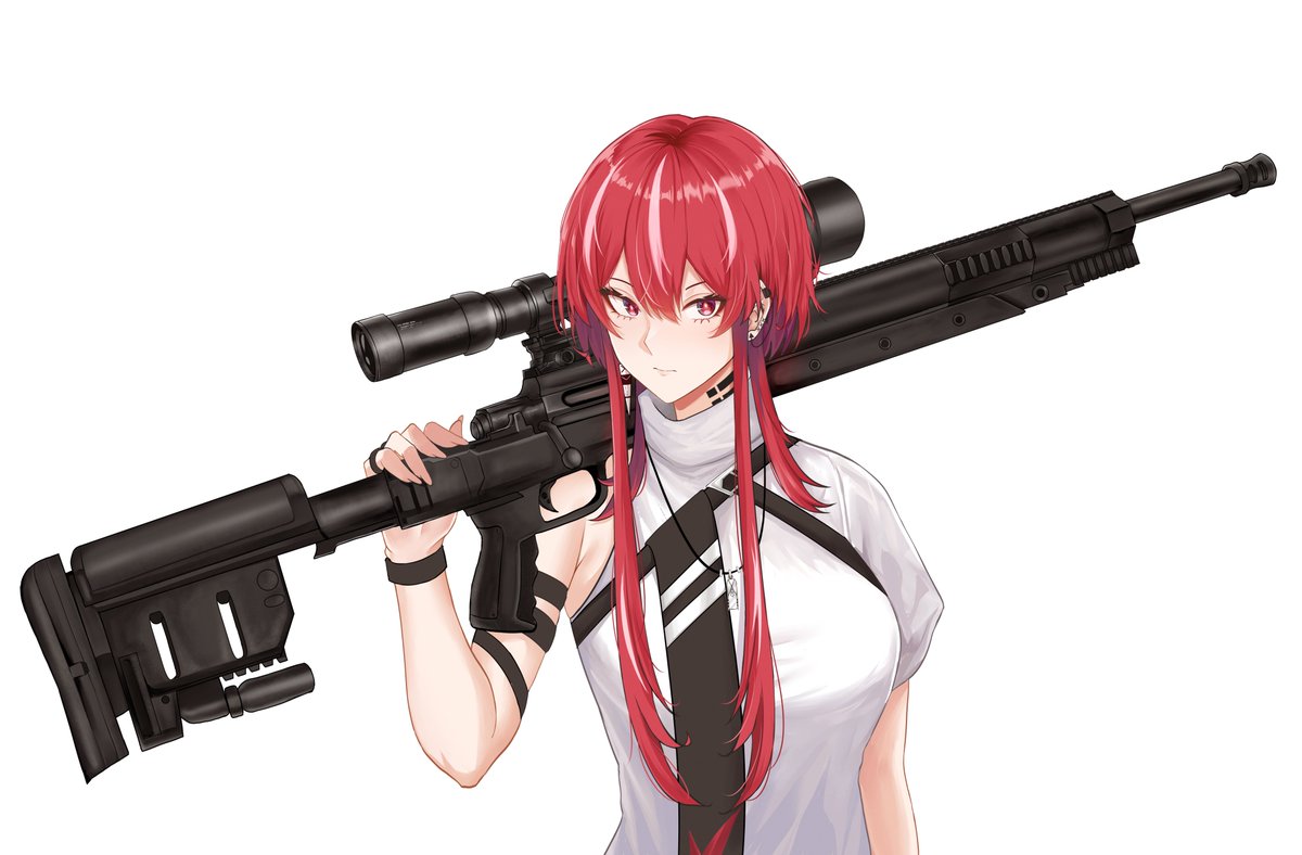 1girl arm_strap aspira_project black_wristband breasts closed_mouth deroo earrings gun jewelry long_hair multicolored_hair necklace over_shoulder red_eyes redhead rifle scope shirt single_sleeve sniper_rifle solo streaked_hair upper_body vermelha_scarlet virtual_youtuber weapon weapon_over_shoulder white_hair white_shirt