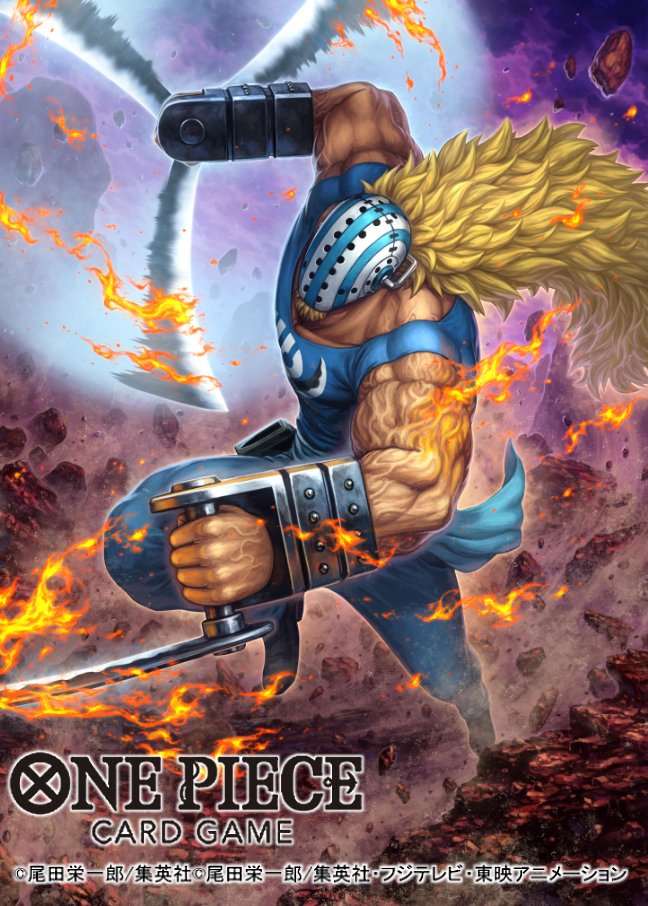 1boy blonde_hair blue_shirt commentary_request english_text facial_hair facial_hair_through_mask goatee hockey_mask holding holding_weapon killer_(one_piece) long_hair male_focus mask muscular muscular_male official_art one_piece shirt short_sleeves solo tatsuya_(atelier_road) translation_request weapon
