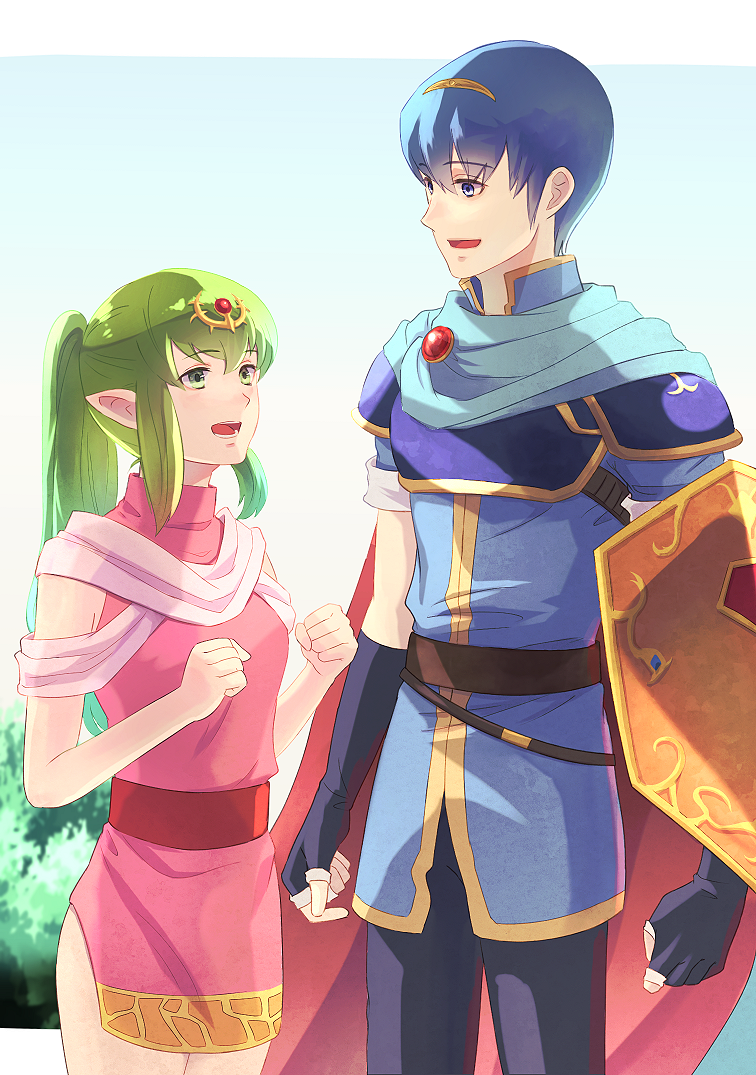 1boy 1girl aged_up armor belt blue_cape blue_eyes blue_hair blue_sky breastplate cape clenched_hand commentary_request fire_emblem fire_emblem:_mystery_of_the_emblem green_eyes green_hair letterboxed long_hair marth_(fire_emblem) open_mouth outside_border red_cape riou_(pooh920) shield short_hair shoulder_armor sky smile standing tiara tiki_(fire_emblem) tiki_(young)_(fire_emblem) two-sided_cape two-sided_fabric two-tone_cape