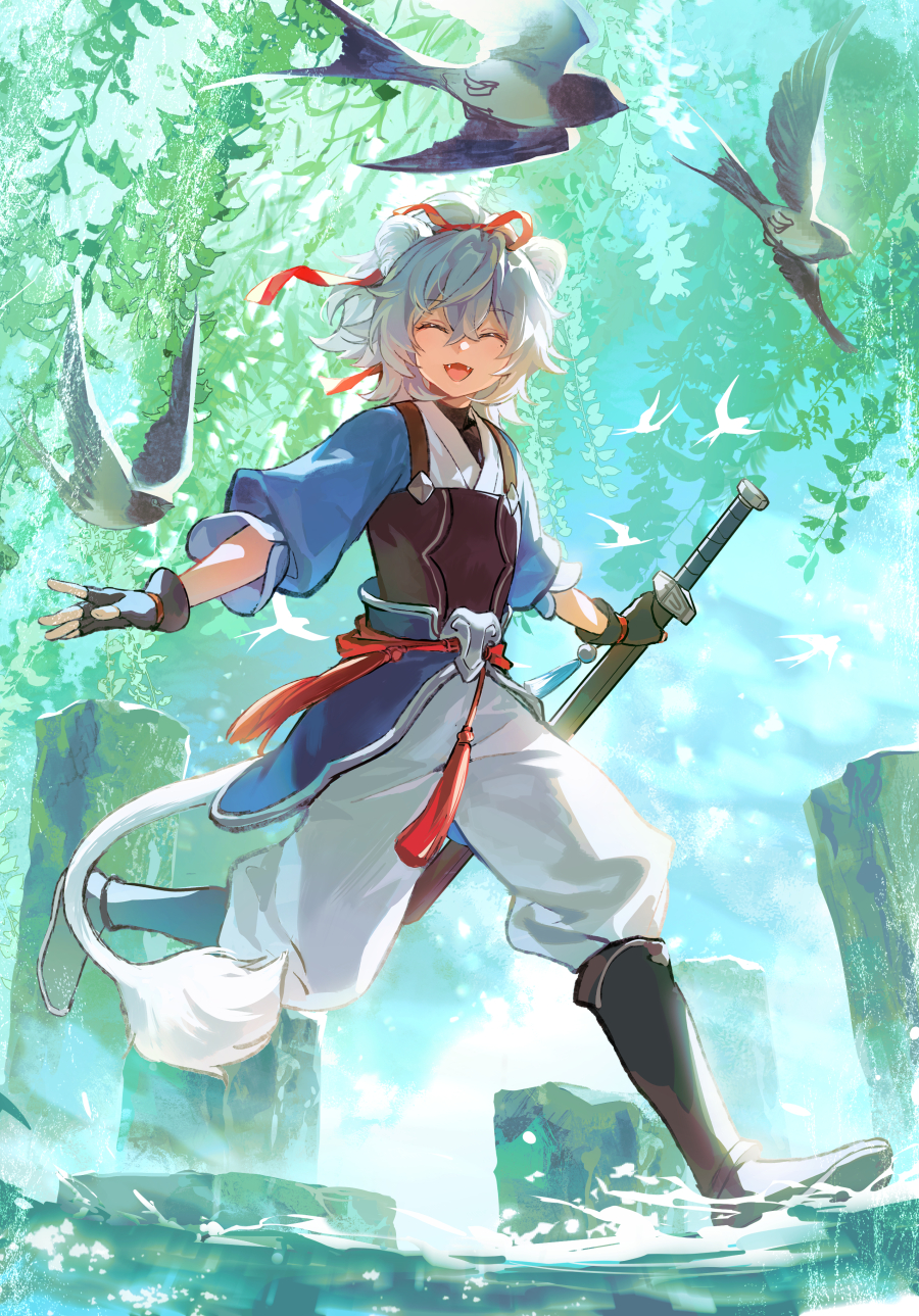 1boy aged_down animal animal_ears armor bird black_footwear black_gloves blue_sleeves boots chest_guard child chinese_clothes closed_eyes cyotsy day facing_viewer fangs fingerless_gloves flock full_body gloves grey_hair happy highres holding holding_sword holding_weapon honkai:_star_rail honkai_(series) jing_yuan knee_boots long_sleeves nature open_mouth outdoors outstretched_arms pants pants_tucked_in ponytail sash sky sword tail tassel walking walking_on_liquid weapon white_background white_hair white_pants willow