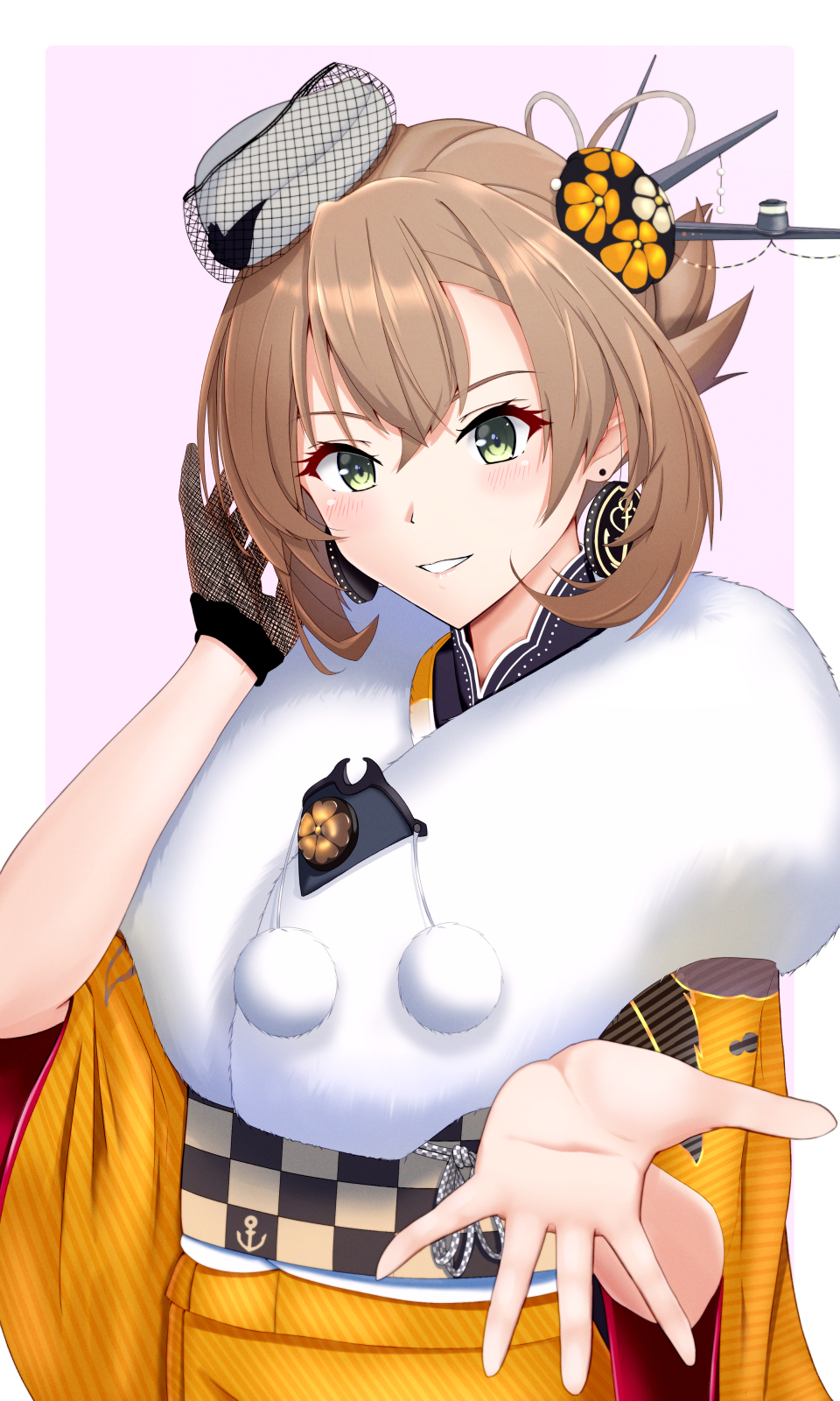 1girl blush breasts brown_hair earrings fur_trim green_eyes hair_ornament headgear highres japanese_clothes jewelry kantai_collection kimono large_breasts long_sleeves looking_at_viewer mesera mutsu_(kancolle) obi official_alternate_costume orange_kimono sash short_hair smile solo upper_body wide_sleeves