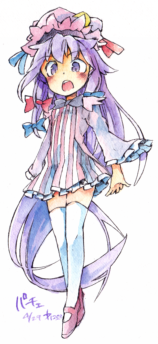 1girl absurdly_long_hair blue_bow bow crescent crescent_hat_ornament dress frilled_sleeves frills full_body hair_bow hat hat_ornament highres kibayashi_kimori long_hair long_sleeves looking_at_viewer mary_janes mob_cap one-hour_drawing_challenge open_mouth patchouli_knowledge pink_dress pink_footwear pink_headwear purple_hair red_bow shoes short_dress simple_background solo striped striped_dress teeth thigh-highs touhou upper_teeth_only vertical-striped_dress vertical_stripes very_long_hair violet_eyes white_background white_thighhighs wide_sleeves