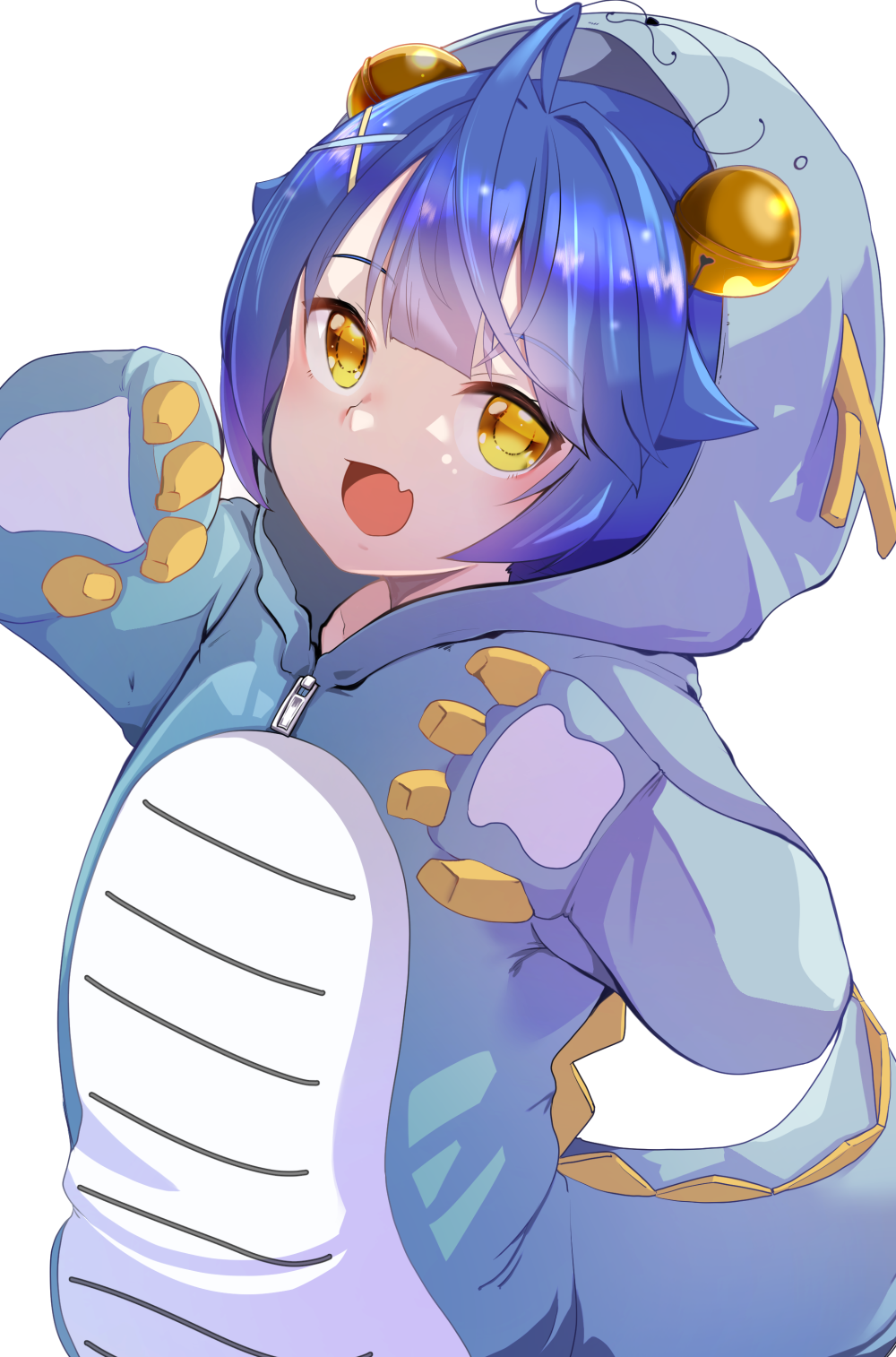 1girl :d ahoge amamiya_kokoro animal_costume bell blue_hair commentary_request dragon_costume dragon_hood fang gradient_hair hair_bell hair_ornament hairclip hands_up highres hood hood_up jingle_bell looking_at_viewer multicolored_hair nijisanji purple_hair simple_background smile solo takara_akihito virtual_youtuber white_background x_hair_ornament yellow_eyes